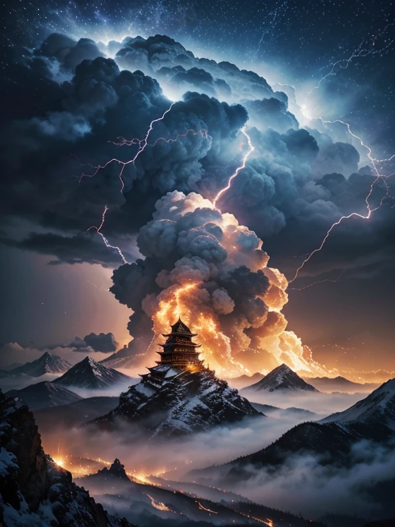 Impressive portrait of mountain a gracefully in the sky fire. was composed of fine white clouds, fine flames, and sparkling  dark blue lightning. The backdrop is a tall pagoda building and the bloodmoon , its body is a swirl of dark blue clouds, fire, and lightning, creating a feeling of movement and power. shows a wide open dark sky with scattered clouds, efect fire and light blue giving the impression of endless freedom and adventure, 4k, high resolution, cinematography.