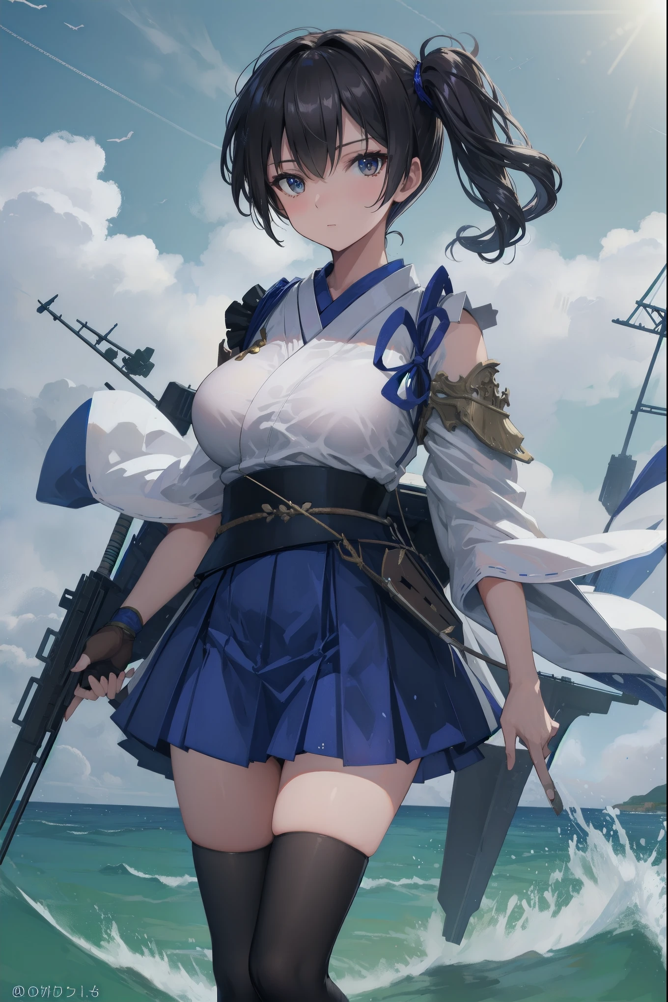 Kaga(Fleet Collection),highest quality, masterpiece, High resolution,kimono,blue skirt,side ponytail,big_breasts,