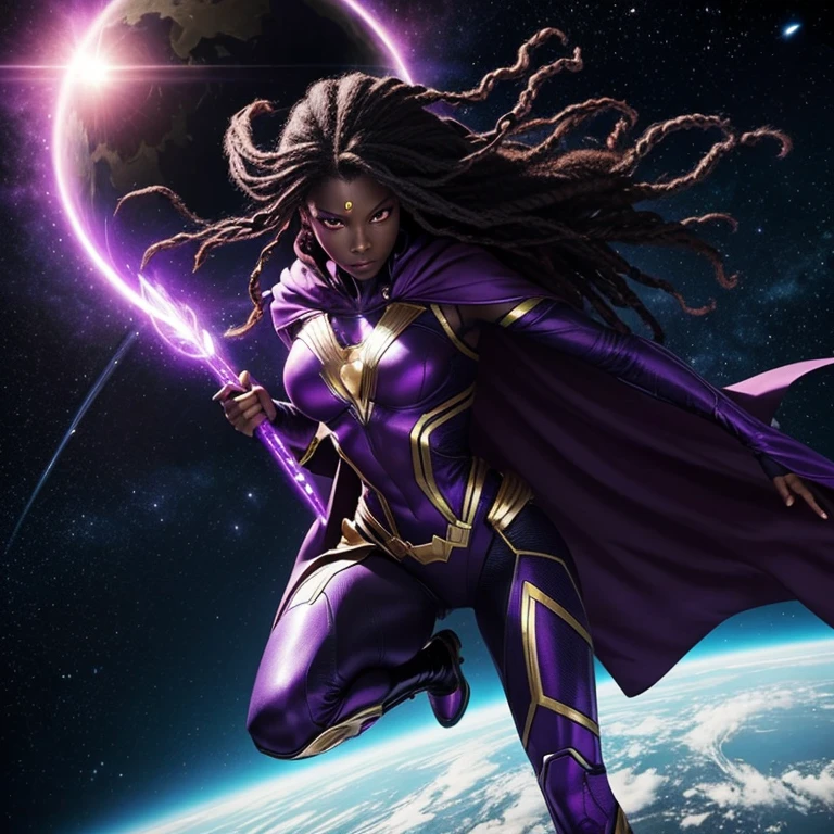 generate an image of an alien woman with purple eyes,black skin, female superhero, alien magic, flying over planet earth,Dread hair, superhero cape,Alien magic wand with star