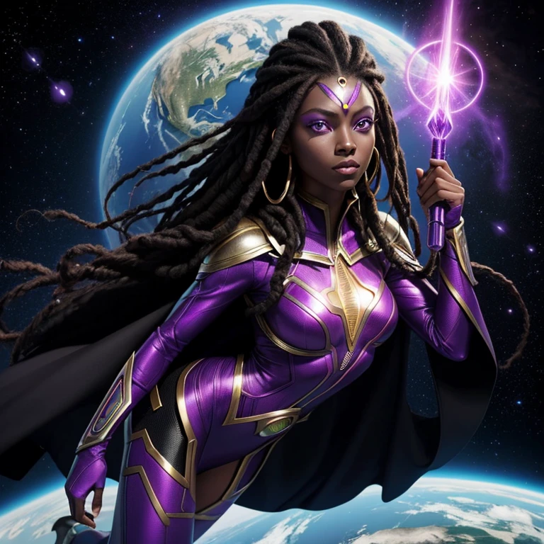 generate an image of an alien woman with purple eyes,black skin, female superhero, alien magic, flying over planet earth,Dread hair, superhero cape,Alien magic wand with star