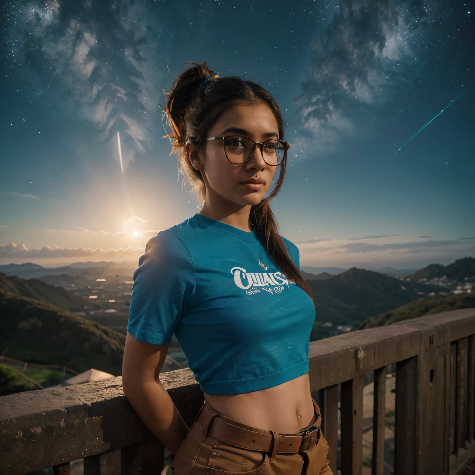 1 de pele escura, seios grandes, wears thick-rimmed glasses that highlight your facial features, com cabelo curto, rabo de cavalo e cinza, camisa prateada, Por baixo da camisa ela usa outra camisa justa, with details in vibrant colors reminiscent of the stars and planets of outer space, e uma saia azul, botas de cano alto com sola antiderrapante,