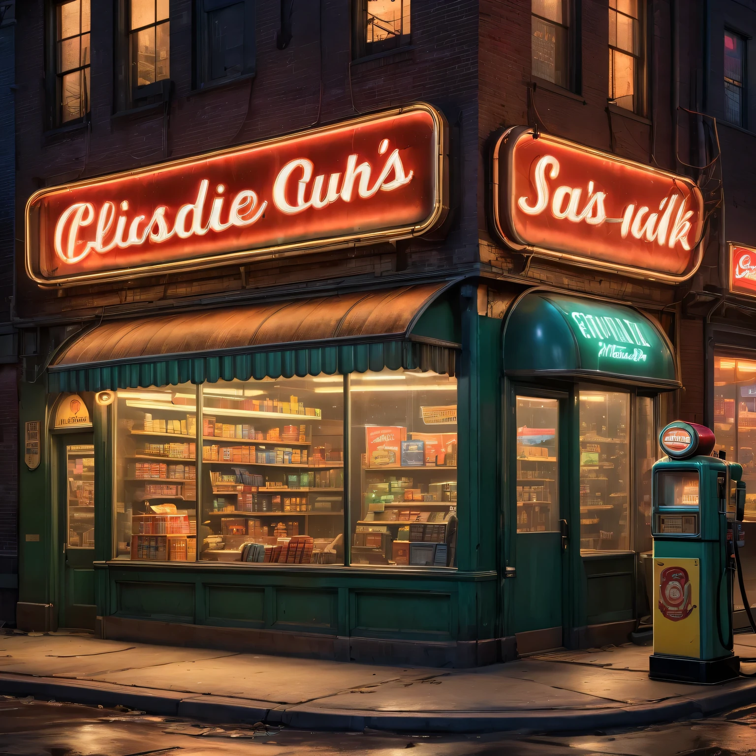 (best quality,4k,8k,highres,masterpiece:1.2),ultra-detailed,(realistic,photorealistic,photo-realistic:1.37),diesel-punk,nighttime,grocery store,1940s,atmospheric lighting,vivid colors,detailed architecture,gritty textures,retro technology,customers,stacked shelves,old cash register,art deco sign,neon lights,smoke-filled room,starlit sky,moonlit street,shadowy figures,abandoned streets,desolate atmosphere,dark alleyways,war-time propaganda posters,air raid siren ringing,curved glass storefront,cracked pavements,vintage gas pumps,broken street lamps,steam rising from grates
