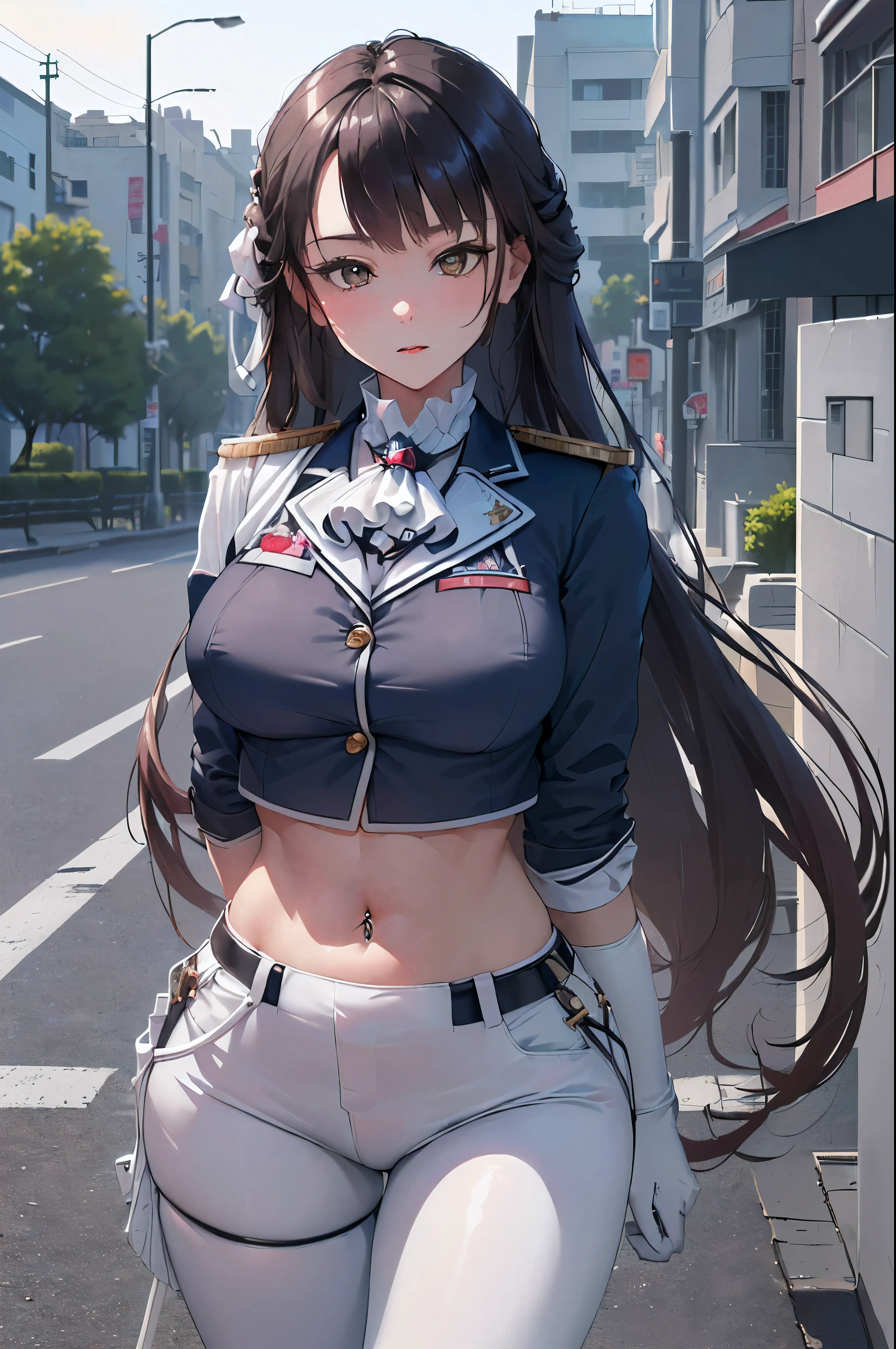 (best quality,absurd res:1.3),(illustration:1.1),perfect lighting,beautiful face,milf,1girl,(bokeh photography:1.1),(arms behind the back:1.2), marciana, jacket, epaulettes , crop top, midriff, navel, (white pants), white gloves, long hair , large breasts, wide hips , outdoor , city , road