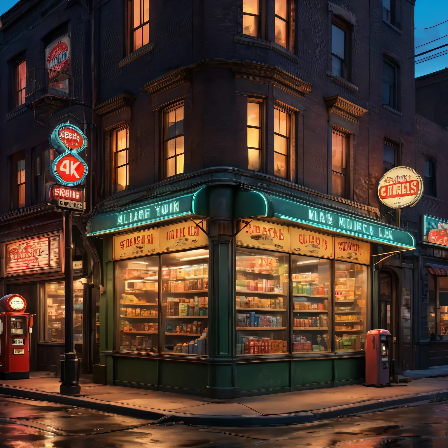 (best quality,4k,8k,highres,masterpiece:1.2),ultra-detailed,(realistic,photorealistic,photo-realistic:1.37),diesel-punk,nighttime,grocery store,1940s,atmospheric lighting,vivid colors,detailed architecture,gritty textures,retro technology,customers,stacked shelves,old cash register,art deco sign,neon lights,smoke-filled room,starlit sky,moonlit street,shadowy figures,abandoned streets,desolate atmosphere,dark alleyways,war-time propaganda posters,air raid siren ringing,curved glass storefront,cracked pavements,vintage gas pumps,broken street lamps,steam rising from grates
