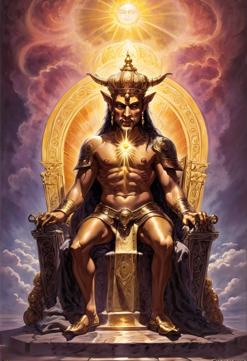 Western Elysium，The tall demon  as a seductive entity , the  statue sits on a  throne，His face was solemn and calm，A ray of Tyndall light shone overhead，The body emits a  infernal  glow，Colorful light fills the sky， the throne shines gold，Peace and tranquility atmosphere，Exquisite and shocking scenes，Fantasy scenes，Overlooking the world 