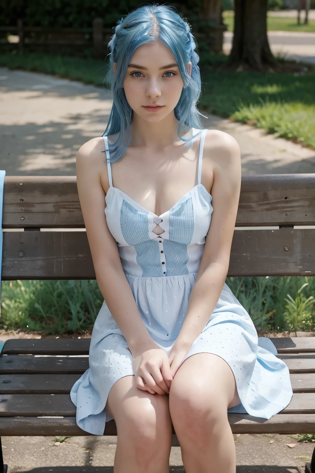 ((In the grass,A very lovely woman,Wearing a very short white silk。((Wear a white silk cardigan:1.0k,masterpiece,Best quality,((1 girl with blue eyes and gorgeous sky blue hair,)),Sexy seductive pose。((:1.4)),Super detailed face,delicate eyes,Transparent clothes,dew point,