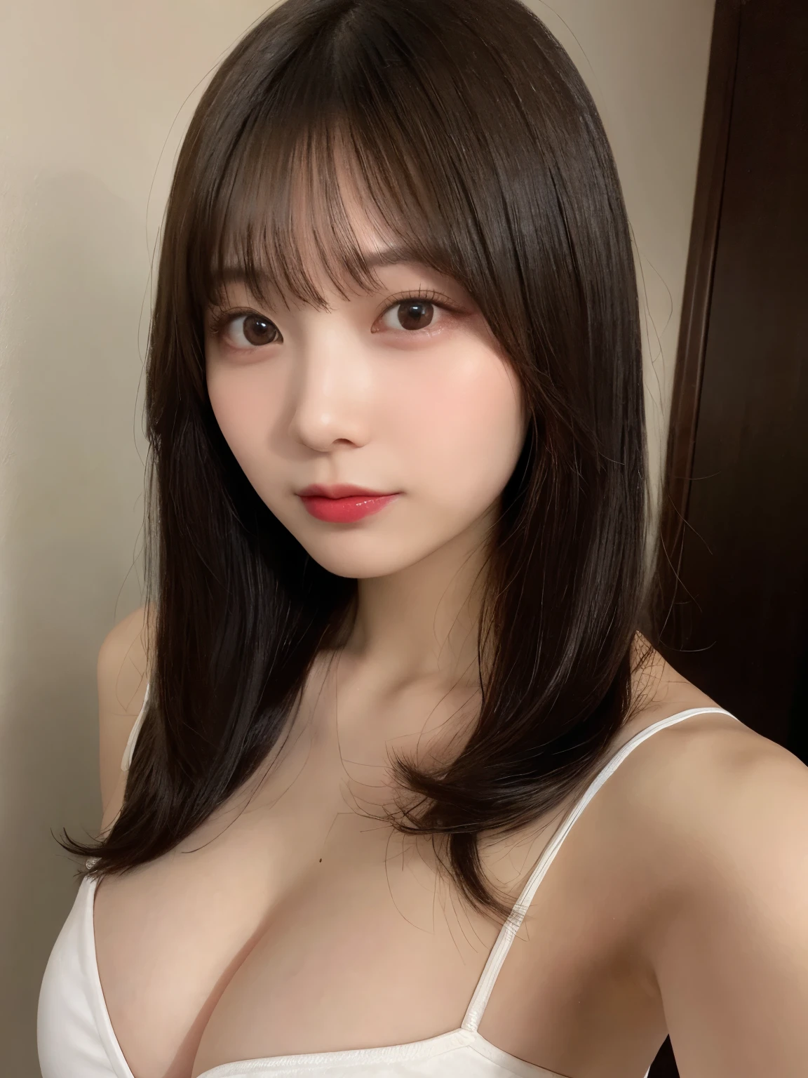 live-action、22 years old、The whole body is shown:1.2、muste piece, highest quality, super detailed, finely, High resolution, 8k wallpaper, perfect dynamic composition, i am a photographer, she is a model, detailed and beautiful eyes,I can see the nipples:1.2、I can see your breasts, long hair, big breasts, natural color lip, random sexy poses, kiss face, Plain wall background,  selfie, 