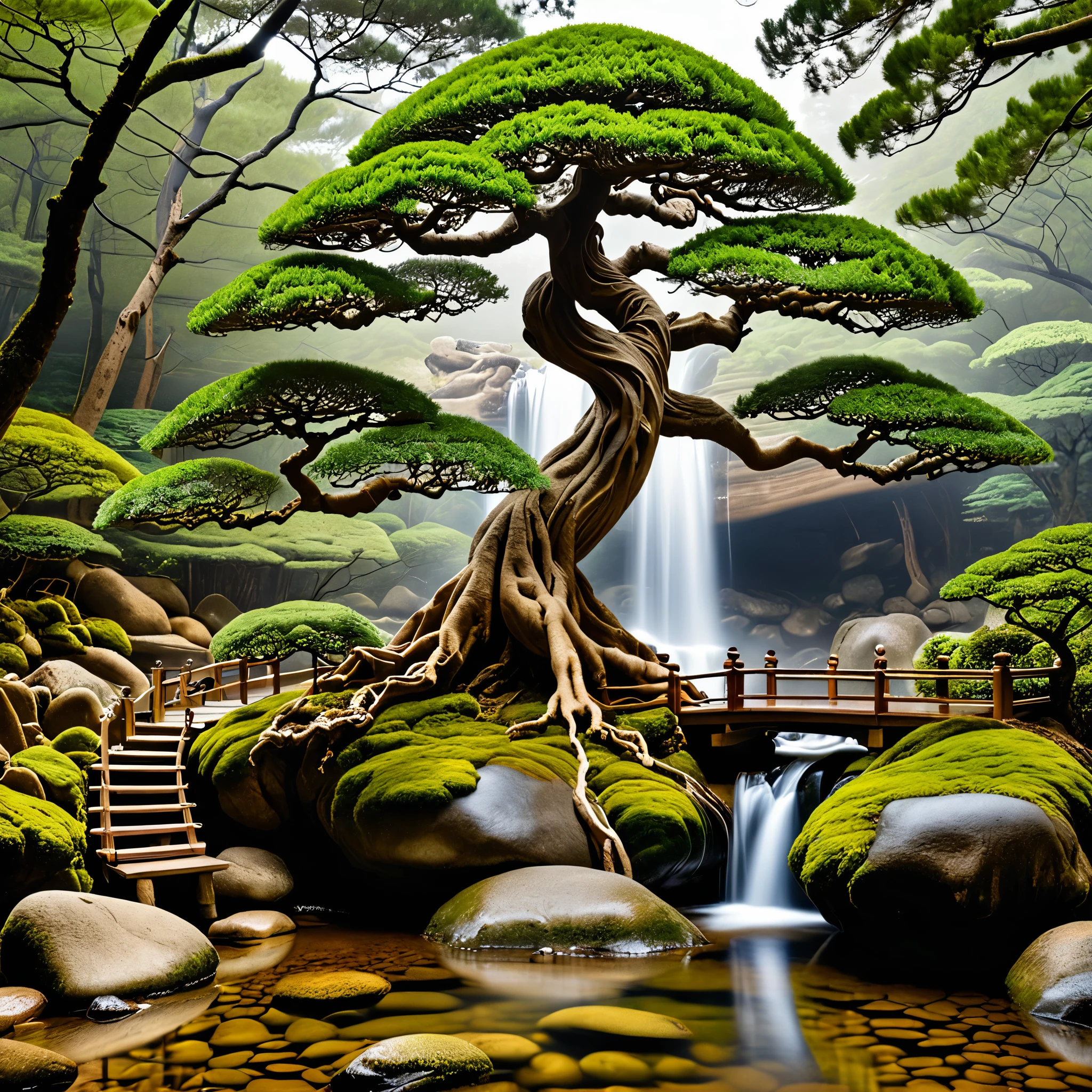 A giant bonsai tree rooted in a mountain forest near a stream. The tree has an elaborate miniature treehouse built inside it to resemble that of a Japanese temple. photorealistic