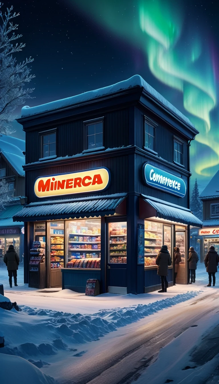 best quality,4k,highres,masterpiece:1.2,ultra-detailed,realistic, midnight convenience store, winter, snowy street, snowdrifts, snow-covered store entrance, night, midnight, aurora borealis in the sky, standing group of people in front of the store in thick winter clothes waiting for someone