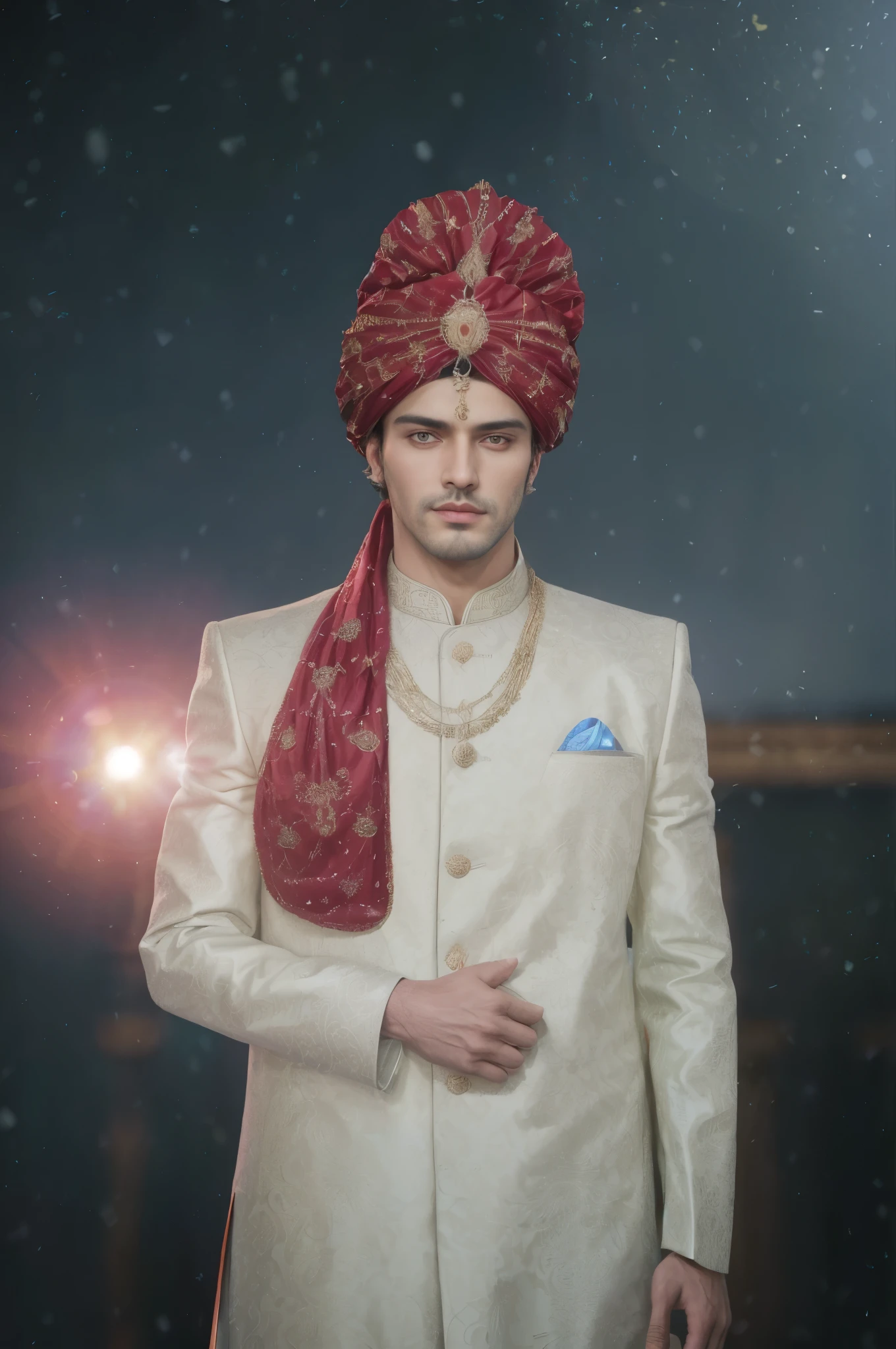 Front view symmetric portrait photo of a tall, stoic, stern::1, handsome man, wearing a long black ornate indian sherwani::3 suit, in a bright::2 opulent ballroom. Vivid yellow::2, amber, and blue bokeh::3 background. Full frame 85mm f/1.4 lens. Snowfall, winter, sunrise
