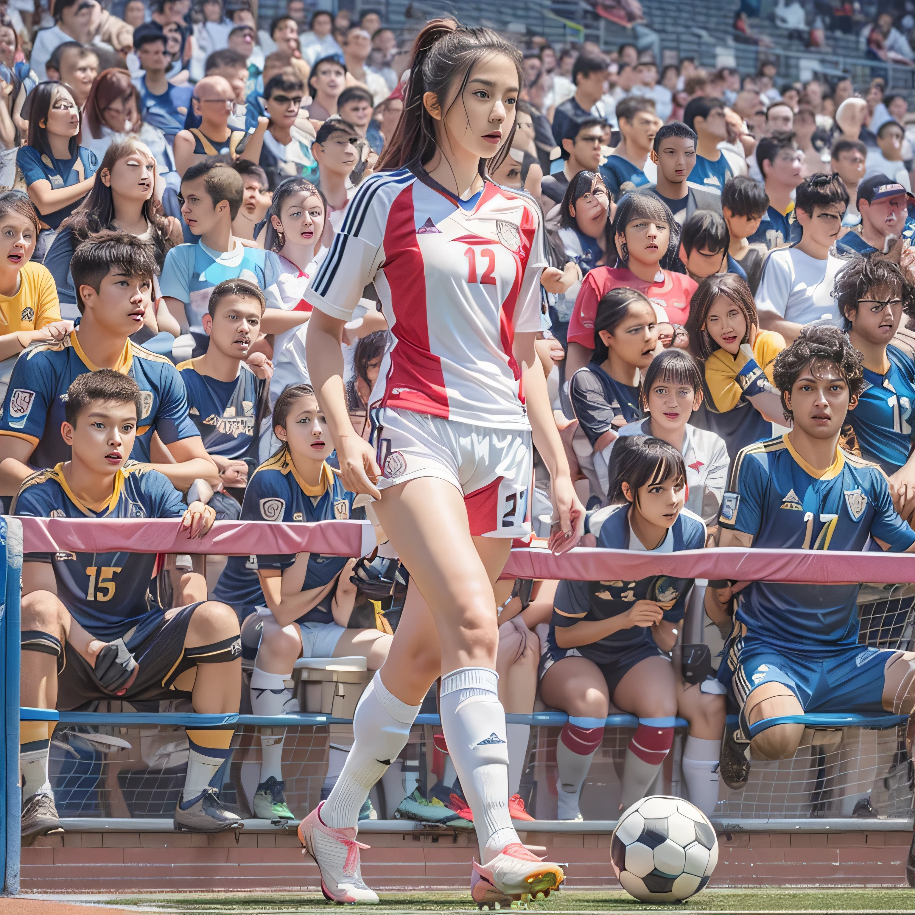 RAW image quality, (High resolution, highest quality, table top:1.4), (15 year old girl :1.3), sparkling skin, narrow waist, Large chest teeth above the skin, (A woman in light soccer clothing:1.3), soccer uniform, short shorts, sweat a lot, (Above the football stadium:1.2), (Her panties are visible under her shorts:1.2), tight clothes, pointed nipples, pubic hair, angry look, blush, beautiful background, (Only one ball:1.4), (Soccer ball with a diameter of 21 cm:1.4), Detailed CG image quality, biologically correct,