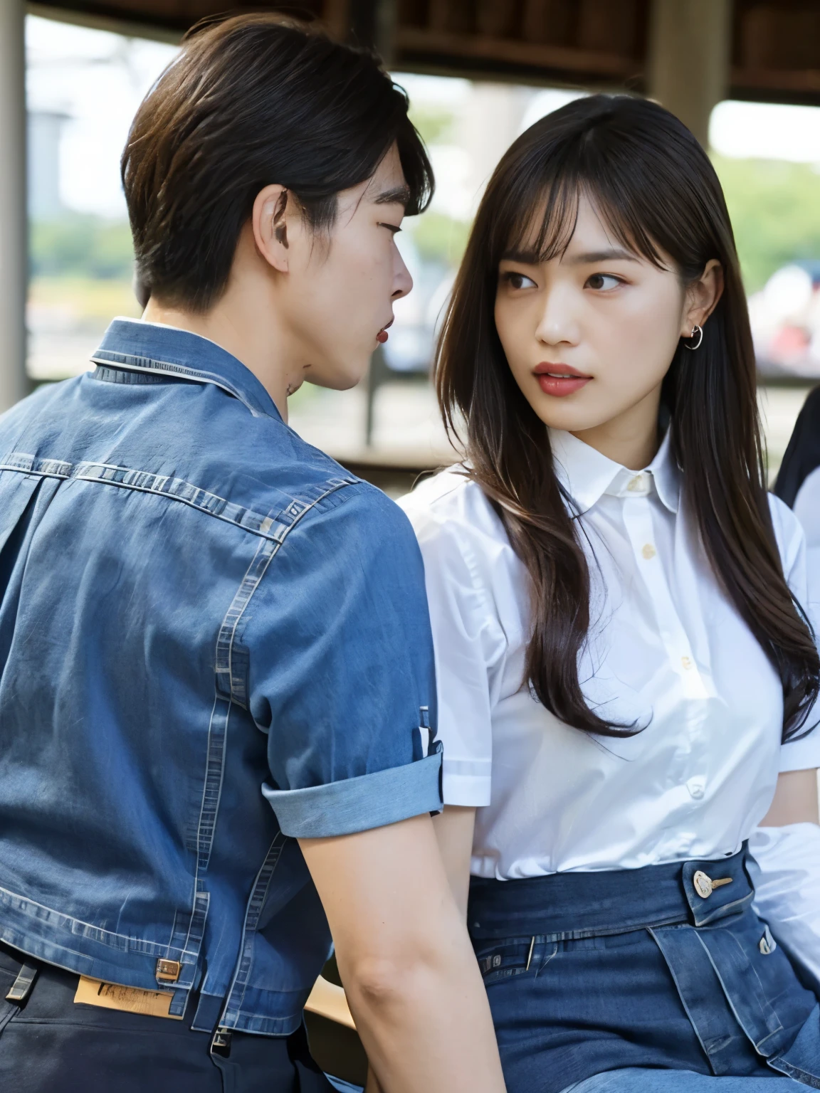 (high quality), (realistic pictures)、1 male、1 female、No audience、((Inside the park:1.4))、((Young Japanese couple facing each other and arguing:1.4))、((An angry Japanese woman and a Japanese man trying to talk to her:1.4)) 、((whiteい半袖Ｔwoman wearing a shirt:1.4))、((whiteＴMan in shirt:1.4))、on the road、daytime、((A woman glares at a man:1.7))、((A woman wearing a denim skirt that accentuates her thighs:1.4))、((whiteい半袖Ｔwoman wearing a shirt:1.4))、