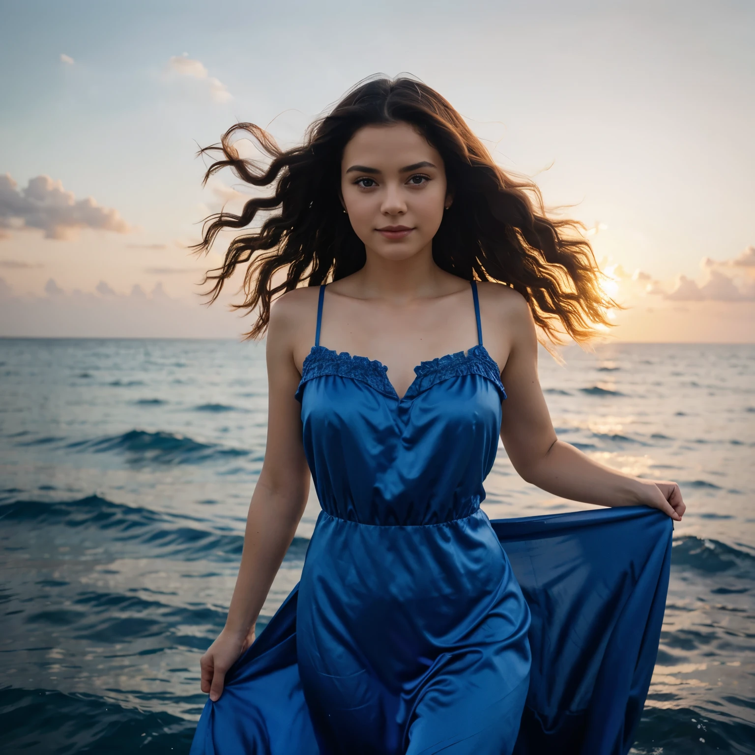 A very beautiful girl with curly dark hair, a slight smile on her face, beautiful blue big eyes, in a blue long silk dress, dancing on the ocean at sunset, the setting Sun playing with rays in the girl’s hair. Cinematic Frame, Hasselblad X2D, Ultra Detailed, Photorealistic, Cinematic Quality
