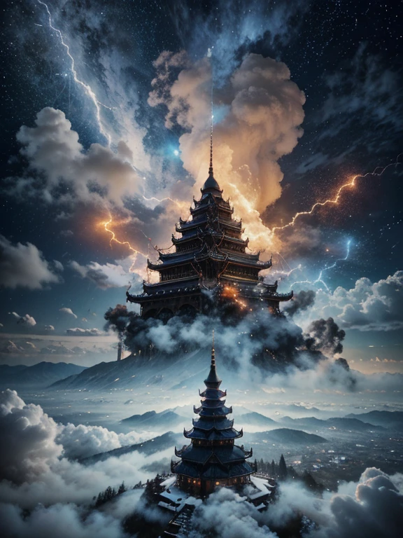 Impressive portrait of mountain a gracefully in the sky fire. was composed of fine white clouds, fine flames, and sparkling dark blue lightning. The backdrop is a tall pagoda building and the bloodmoon , its body is a swirl of dark blue clouds, fire, and lightning, creating a feeling of movement and power. shows a wide open dark sky with scattered clouds, efect fire and light blue giving the impression of endless freedom and adventure, 4k, high resolution, cinematography.