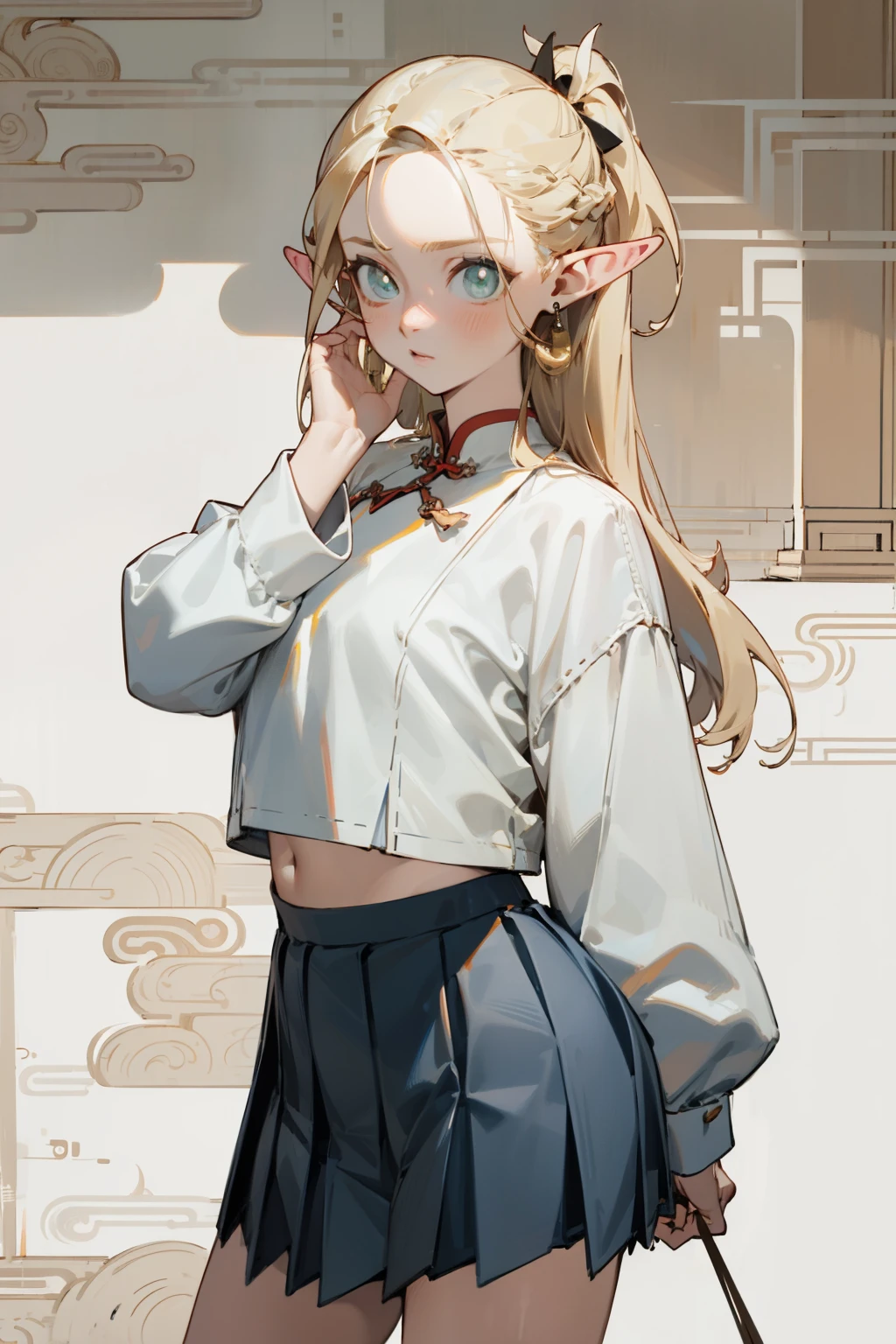 (masterpiece, best quality) detailed,silver accessories , Blonde ,elegant, pointed ears ,Chinese element pattern,White shirt,bikini,pleated skirt