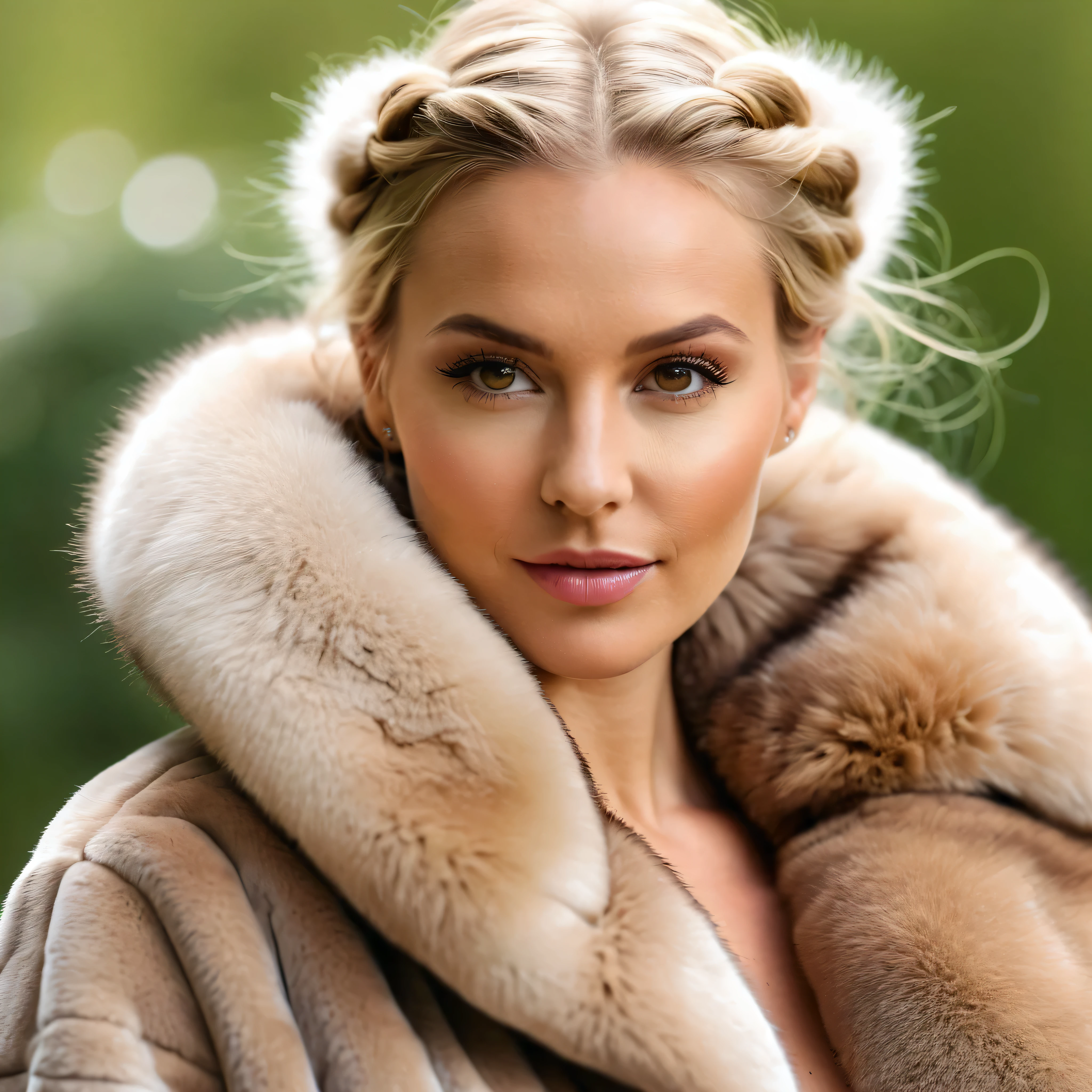 A very wide and very thick, very short sand mink fur coat, fifty centimeters thick, duveteux, naturel, with an ultra thick white and sand mink fur collar, three layers, best quality,4k,8K,high resolution,masterpiece:1.2),Ultra-detailed,(Realistic,photoRealistic,photo-Realistic:1.37), (Femme viking), scandinave, 35 ans,joufflu, "Ingrid Mueller" (tresses de cheveux blond clair), Forêt de bouleaux, natural lighting, ombres douces,palette de couleurs vertes, relaxed expression, braided hair,, doux sourire, atmosphère paisible, feuilles de printemps,beaux-arts,gros plan du visage et du haut du corps, , corps naturel, pose naturelle, Vent subtil soufflant, high resolution,detailed eyes, joues roses, attitude joyeuse