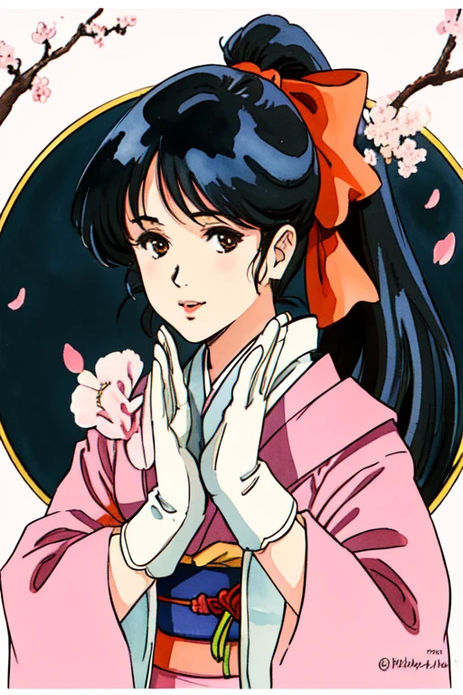 masterpiece, highest quality, divine quality, godlike art, Art Nouveau watercolors, highly detailed face, very realistic, cute, Shinguji Sakura, 1 girl, arms, alone, sword, kimono, bow, black hair, red bow, long hair, brown eyes, gloves, petal, fingerless gloves, cherry blossoms, knife, hair bow, ponytail, kimono, Similarly, Similarly skirt, traditional media