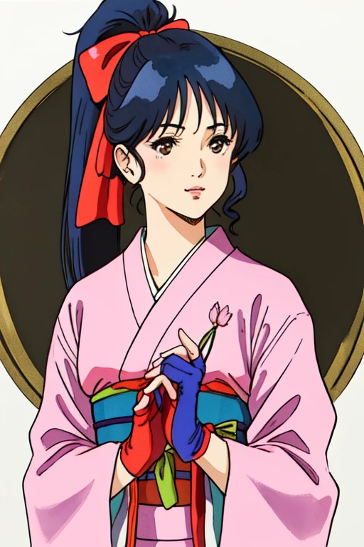 masterpiece, highest quality, divine quality, godlike art, Art Nouveau watercolors, highly detailed face, very realistic, cute, Shinguji Sakura, 1 girl, arms, alone, sword, kimono, bow, black hair, red bow, long hair, brown eyes, gloves, petal, fingerless gloves, cherry blossoms, knife, hair bow, ponytail, kimono, Similarly, Similarly skirt, traditional media