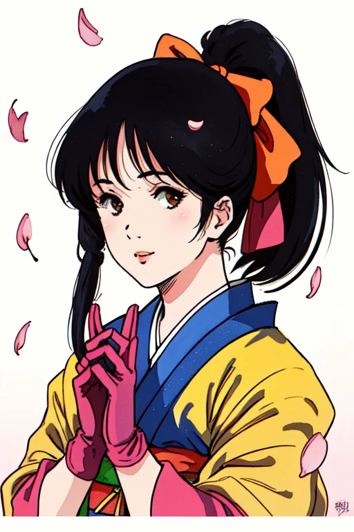 masterpiece, highest quality, divine quality, godlike art, Art Nouveau watercolors, highly detailed face, very realistic, cute, Shinguji Sakura, 1 girl, arms, alone, sword, kimono, bow, black hair, red bow, long hair, brown eyes, gloves, petal, fingerless gloves, cherry blossoms, knife, hair bow, ponytail, kimono, Similarly, Similarly skirt, traditional media