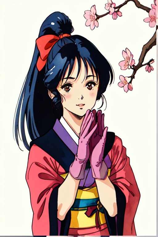 masterpiece, highest quality, divine quality, godlike art, Art Nouveau watercolors, highly detailed face, very realistic, cute, Shinguji Sakura, 1 girl, arms, alone, sword, kimono, bow, black hair, red bow, long hair, brown eyes, gloves, petal, fingerless gloves, cherry blossoms, knife, hair bow, ponytail, kimono, Similarly, Similarly skirt, traditional media