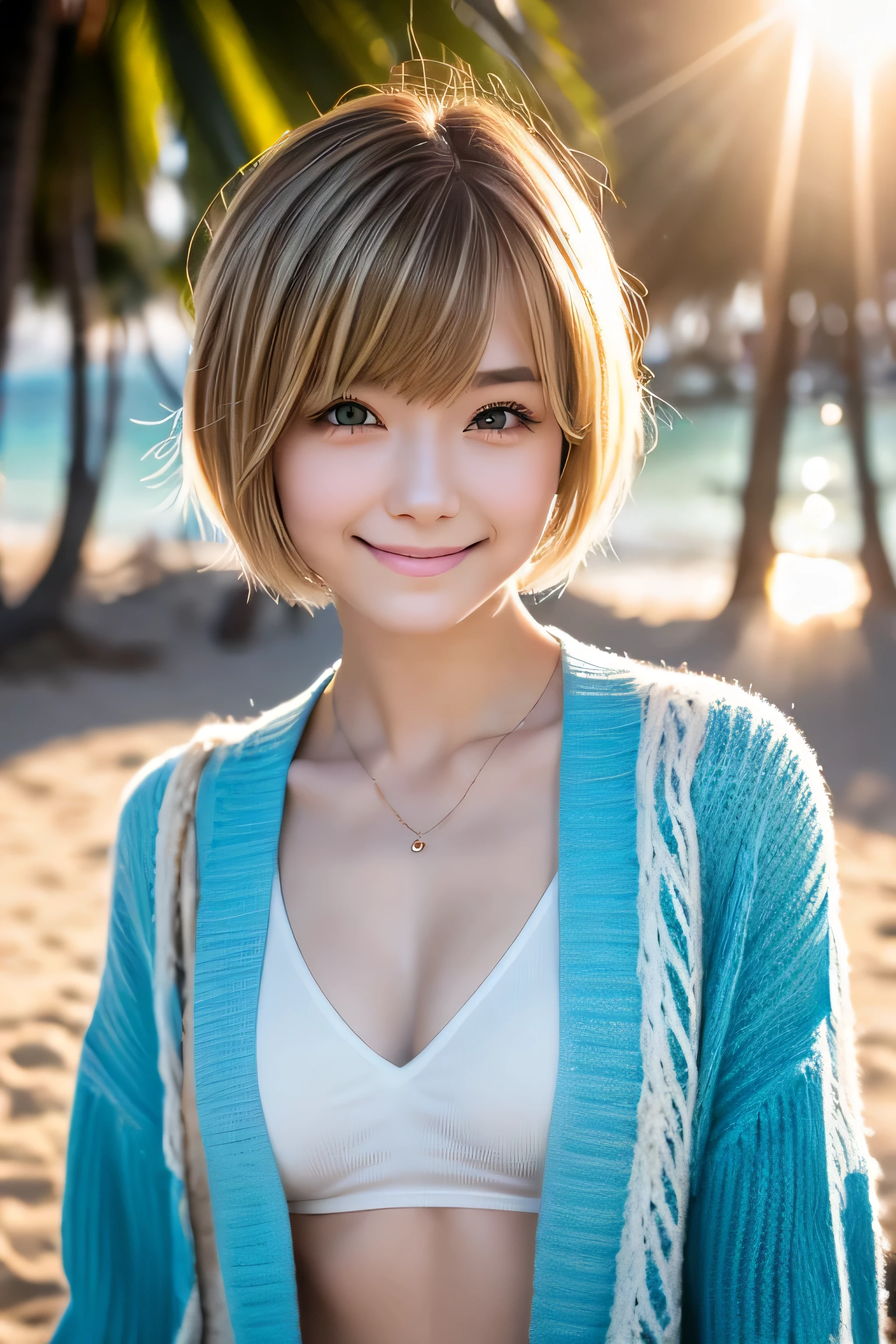 ((No makeup、close your mouth:1.2))、(realistic、Photoreal、super detailed、best detailed skins、highest quality、masterpiece、超A high resolution)、cute russian woman、、high school girl、young girl、1 girl、have bangs、ash blonde:1.7、double eyelid、drooling eyes、Japanese style face、purity、double teeth、realistic skin type、(I cut my hair short、Shaggy cut cardigan that bounces outwards:1.2).fluffy hair、red cheeks、Lighting from behind、I went to the beach in the middle of winter lol Waikiki Beach in Hawaii、In a gingham checked bikini、With a smile、((Lens flare:1.3))、Because I come from a snowy country、It's so hot www?It's time to take it off?