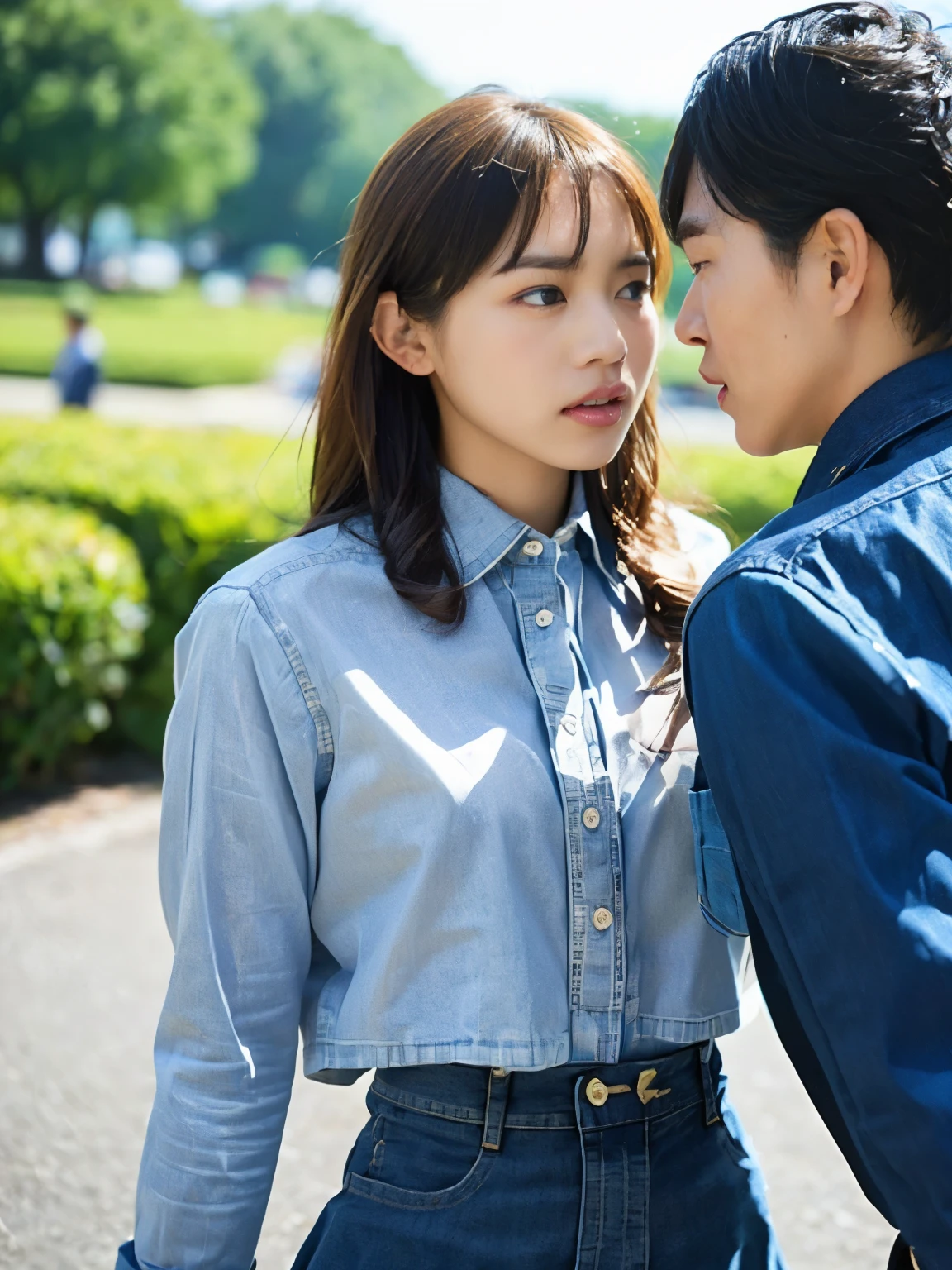 (high quality), (realistic pictures)、1 male、1 female、No audience、((Inside the park:1.4))、((Young Japanese couple facing each other and arguing:1.4))、((An angry Japanese woman and a Japanese man trying to talk to her:1.4)) 、((whiteい半袖Ｔwoman wearing a shirt:1.4))、((whiteＴMan in shirt:1.4))、on the road、daytime、((A woman glares at a man:1.7))、((A woman wearing a denim skirt that accentuates her thighs:1.4))、((whiteい半袖Ｔwoman wearing a shirt:1.4))、