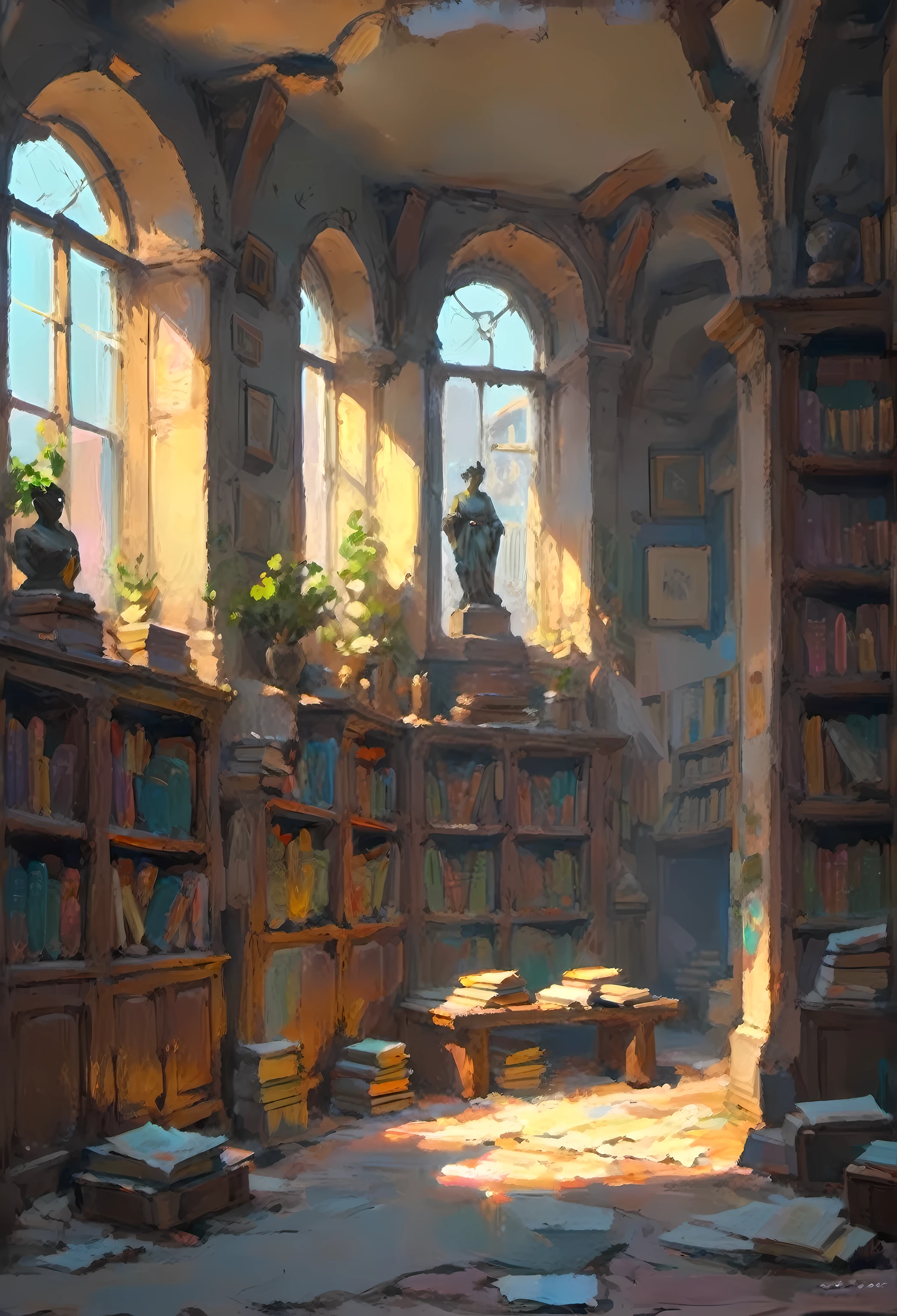 Cellar, Architecture,statues,shelves with books,window,destruction,Diffused morning light,2d art,handpaint,4k,fullhd,very high resolute.