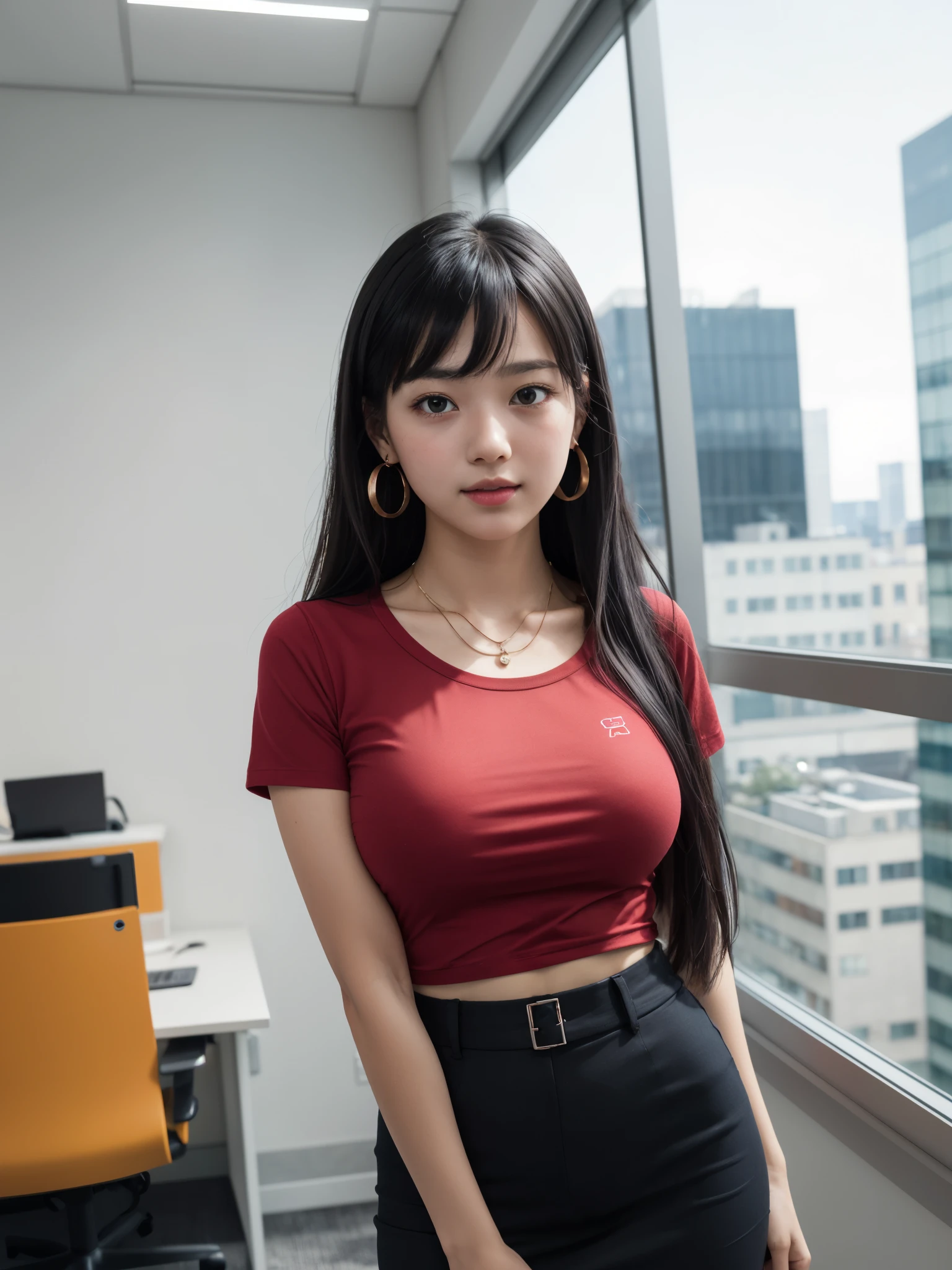 girl inside high rise office building, BREAK, 1girl, office interior, (tucked red t-shirt:1.2), high neckline, full breast, very very long straight black hair, black fit cutout skirt, thigh, feminine chic statement necklace earring, looking at viewer, depth of field, bokeh, breast, hime bangs, masterpiece, best quality, raw photography, (realistic:1.3), glowing skin effect, (vibrant:1.2), chromatic aberration, super details, dynamic pose, dynamic angle, (from below:0.8), (****, cute:1.3), 