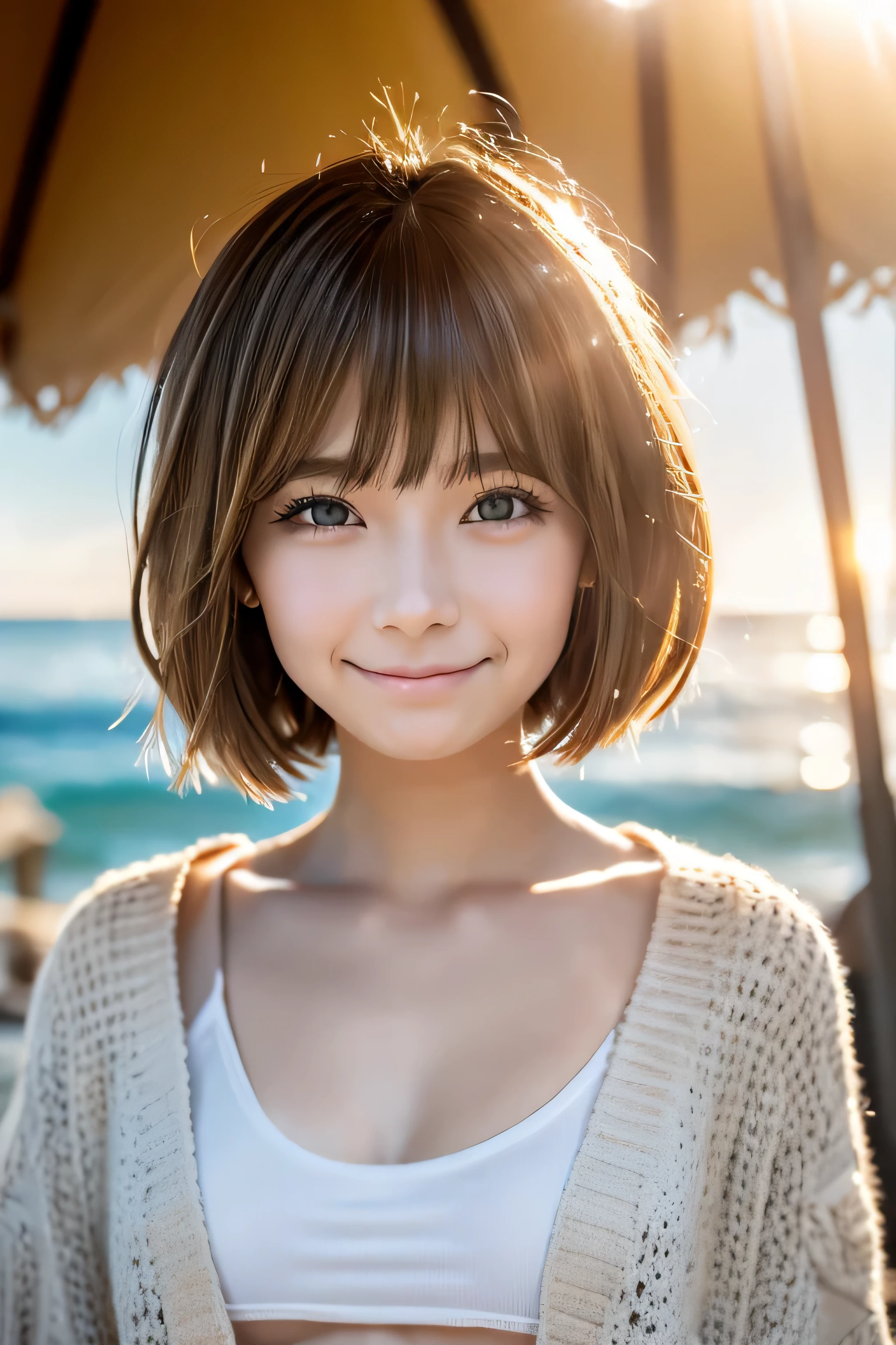 ((No makeup、close your mouth:1.2))、(realistic、Photoreal、super detailed、best detailed skins、highest quality、masterpiece、超A high resolution)、cute russian woman、17 years old、high school girl、young girl、1 girl、have bangs、ash blonde:1.7、double eyelid、drooling eyes、Japanese style face、purity、double teeth、realistic skin type、(I cut my hair short、Shaggy cut cardigan that bounces outwards:1.2).fluffy hair、red cheeks、Lighting from behind、I went to the beach in the middle of winter lol Waikiki Beach in Hawaii、In a gingham checked bikini、With a smile、((Lens flare:1.3))、Because I come from a snowy country、It&#39;s so hot www？It&#39;s time to take it off？