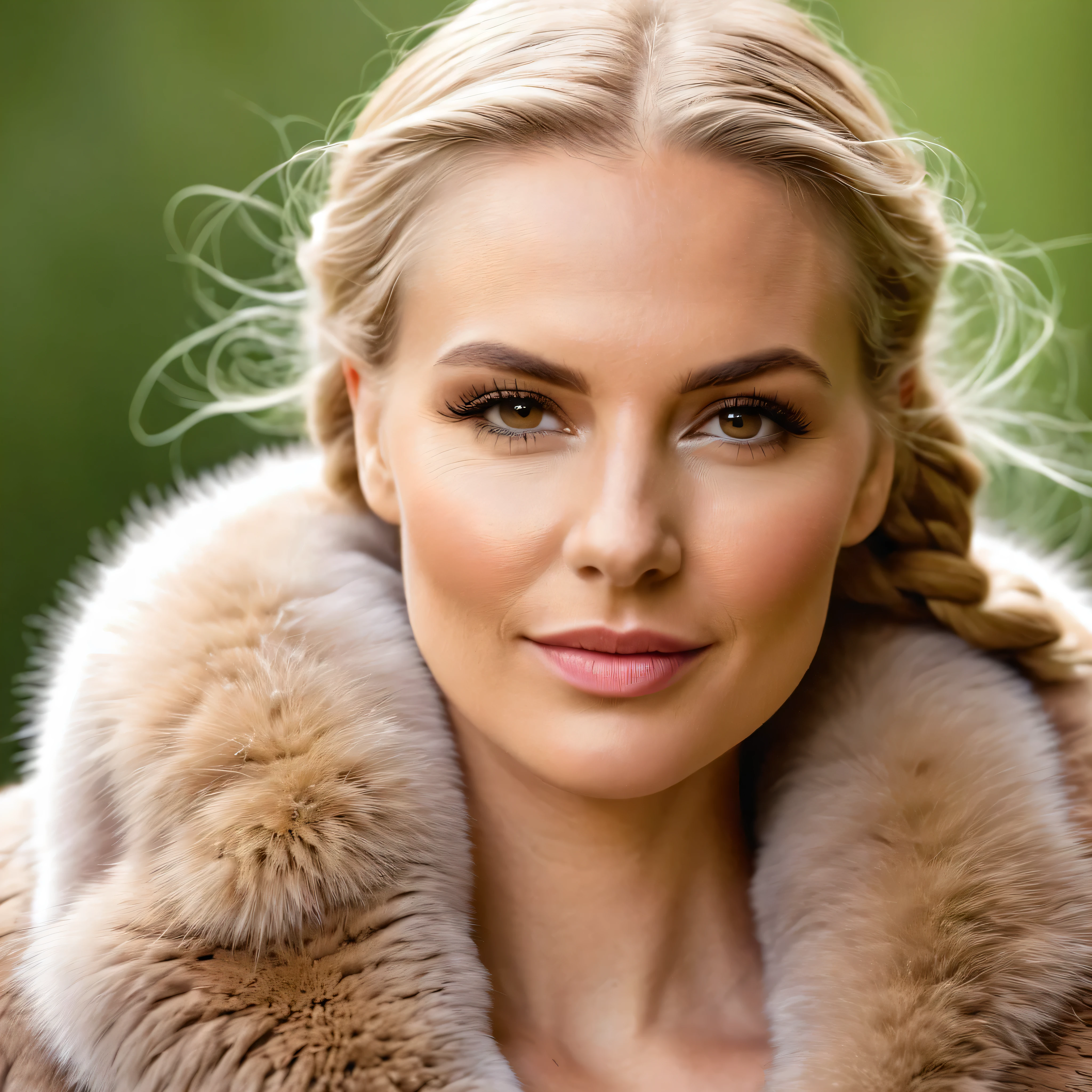 A very wide and very thick, very short sand mink fur coat, fifty centimeters thick, duveteux, naturel, with an ultra thick white and sand mink fur collar, three layers, best quality,4k,8K,high resolution,masterpiece:1.2),Ultra-detailed,(Realistic,photoRealistic,photo-Realistic:1.37), (Femme viking), scandinave, 35 ans,joufflu, "Ingrid Mueller" (tresses de cheveux blond clair), Forêt de bouleaux, natural lighting, ombres douces,palette de couleurs vertes, relaxed expression, braided hair,, doux sourire, atmosphère paisible, feuilles de printemps,beaux-arts,gros plan du visage et du haut du corps, , corps naturel, pose naturelle, Vent subtil soufflant, high resolution,detailed eyes, joues roses, attitude joyeuse