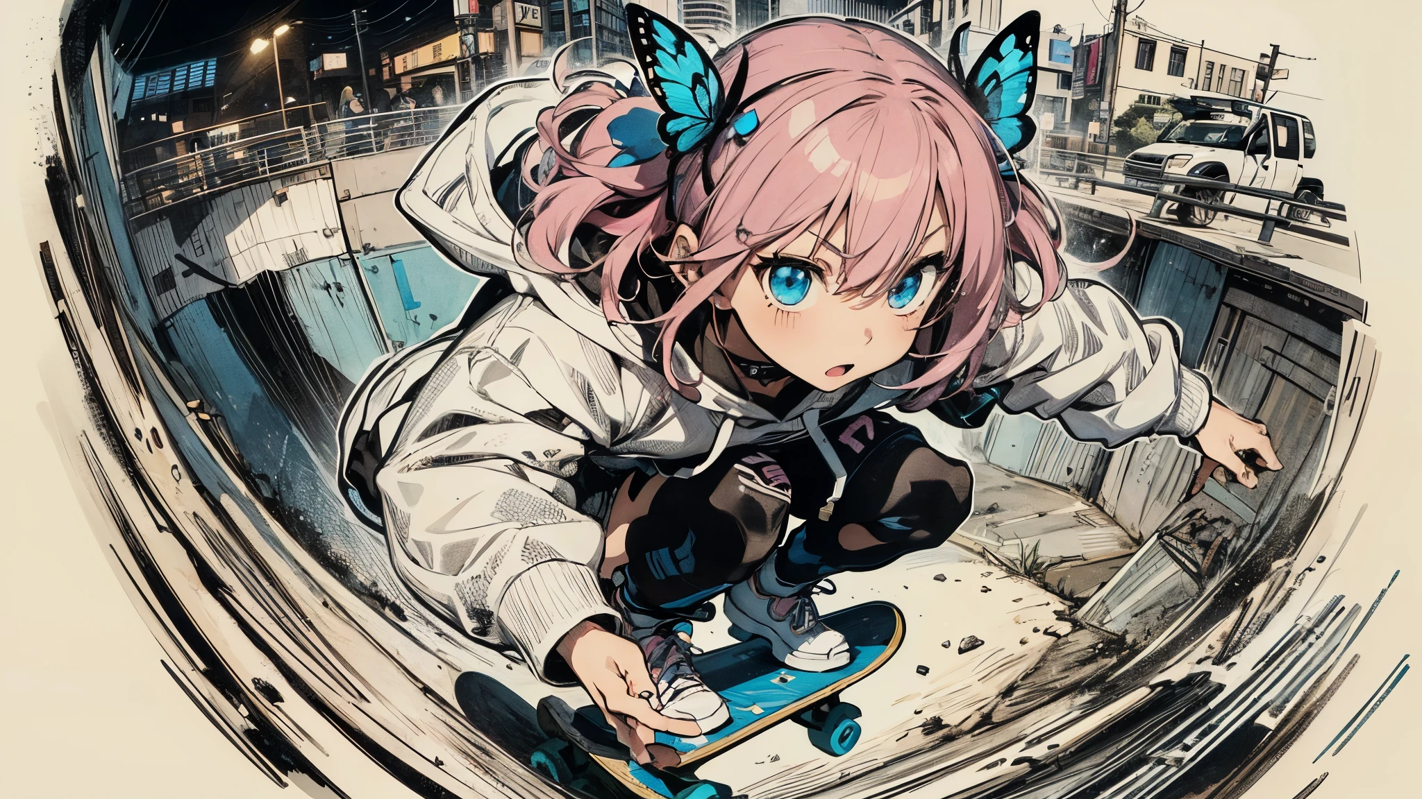 A hand-drawn style, rough and intense illustration of Pink-chan, a 20-year-old anime-style chibi character, skateboarding. The image should have an aggressive and raw appearance, with heavy, exaggerated lines and brush strokes to emphasize speed and action. Pink-chan has medium-length pink hair with blue highlights, light blue eyes, and a small mole beside her left eye. She's slim, about 150 cm tall, wearing a modern white hoodie and a blue butterfly hair accessory. The background is an urban skate park, depicted with a rough, hand-drawn aesthetic, enhancing the sense of wild energy and movement.