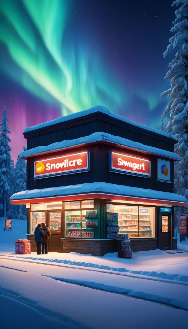 best quality,4k,highres,masterpiece:1.2,ultra-detailed,realistic, midnight convenience store, winter, snowy street, snowdrifts, snow-covered store entrance, night, midnight, aurora borealis in the sky, standing group of people in front of the store in thick winter clothes waiting for someone