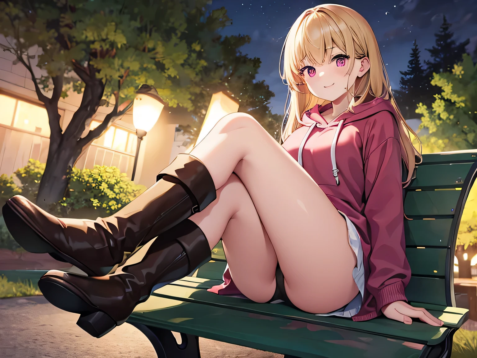 (Masterpiece, highest quality, high resolution, realistic photo, realistic skin:1.1),.
(Woman sitting on park bench late at night:1.5),
(Woman has her legs crossed and her panties are visible:1.8),
(smiling expression:1.5),
(woman wearing a black long-sleeved hoodie:1.5),
(wearing a red pleated miniskirt:1.5),
(wearing brown knee-length boots on both feet:1.8),
(panties are simple pink cotton: 1.5),
(Long blond hair: 1.5),
(Young face: 1.5),
(Location: park bench surrounded by trees late at night: 1.5),
1 Japanese female, solo, full-bodied Esbian, beautiful eyes, glowing eyes, glowing thighs, NSFW.