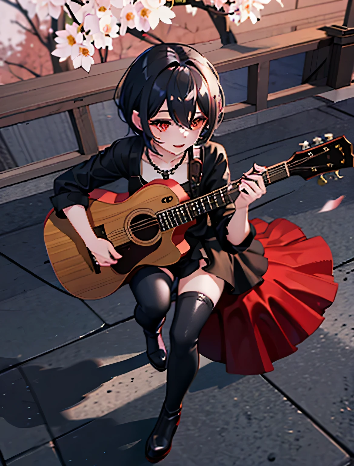 (Playing acoustic guitar)、night、Black hair with red Messi、a young girl，Dressed in sexy grunge jeans clothes，wear long boots，cherry blossoms、with necklace，cherry blossomsの下に座る，ultra high resolution