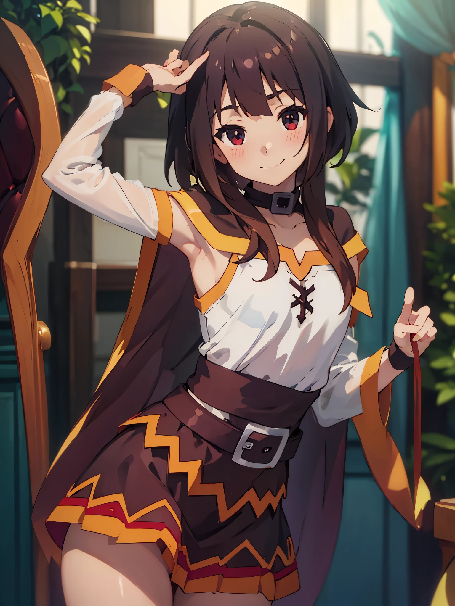 best picture quality, 8K, high quality, masterpiece:1.2), ((masterpiece)), (high detail, high quality, best picture quality), bokeh, DOF, Portrait, open stance, (cute illustration:1.2), (konosuba, megumin),(megumin hair style), (nsfw:1.2), in room, (perfectly balanced anatomy), sleeveless, detached sleeve, both arms behind head, armpits:1.3), detailed eyes, cute round face, embarrassed, smile, seducing by showing her armpits, (close-up shot:1.3), turn to face the front