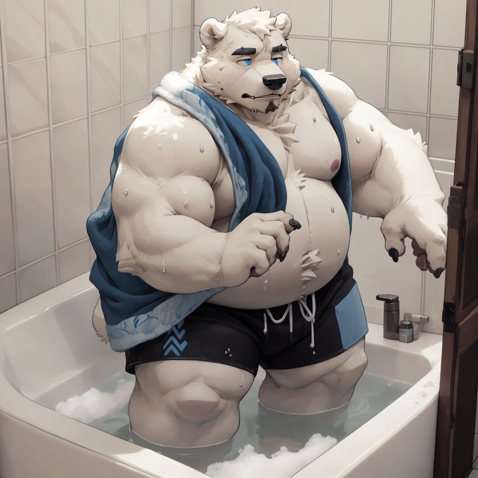 New Jersey 5 Hairy,polar bear,Full body portrait of an individual,exquisite, chubby,Fat,thick arms,Rugged muscles,Naked from the waist down,White plush fur,chubby脸,black eyebrows,sky blue eyes,beard,Soaked shorts,sweating,bathroom,bath towel,bath,stand