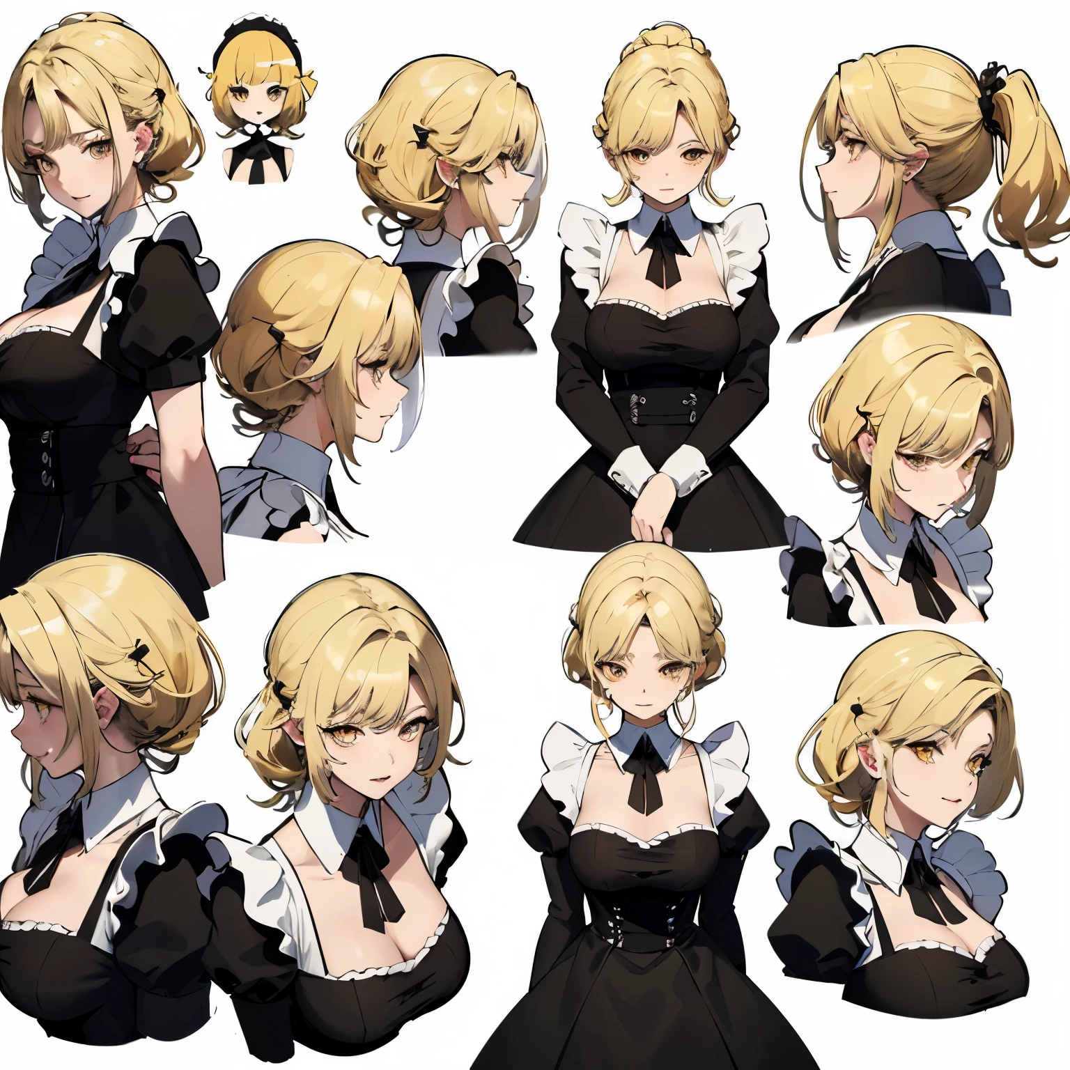 (masterpiece, 8K, highest quality, very detailed, 1 mature woman), (Consistent personality, same character), (blonde hair, yellow eyes), (very detailed顔と肌の質感, fine eyes), evil smile, big breasts, alone, (maid), white background, bare shoulders, enchanting smile, (multiple views, multiple angles), Side view, Front view, look up, look down, Rear view, 20-degree head view