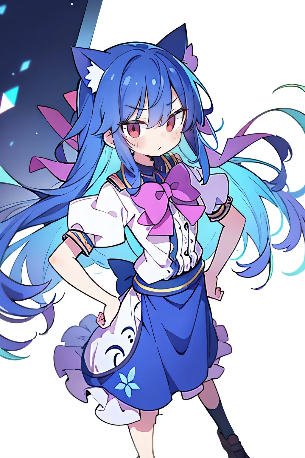 (masterpiece),best quality, expressive eyes, perfect face, 1girl,
 Put your hands on your waist,fair, Gorgeous,Japanese cartoons,girl,lola,Hina Angel, blue hair, blue haired, floating clothes,Grab your waist, Grab your waist, hands on hips , hands on hips,sit, sit on ground, Legs on the ground, flat chest,cat ears,