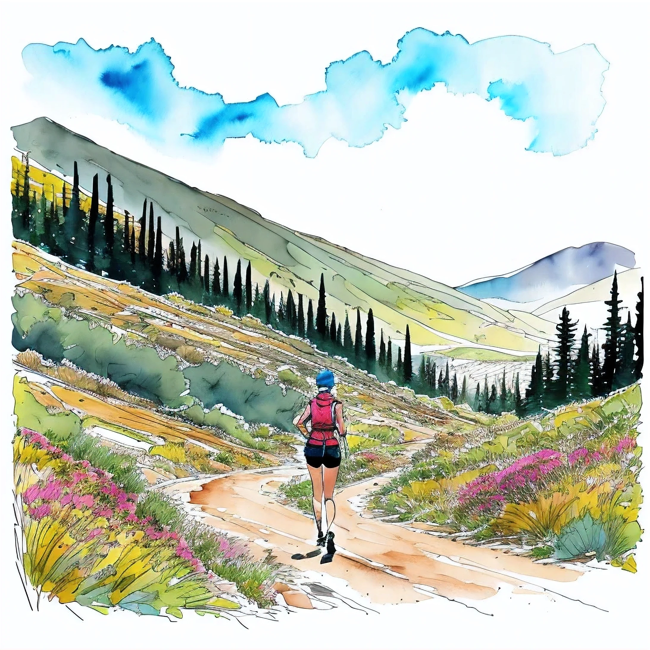 Trail running,Draw the people prominently,Stylish cut, postcard, artistic,Scribble style,Clear, bold, thick outlines, fashion design sketch, female,Slim tail,Rough coloring, watercolor painting,