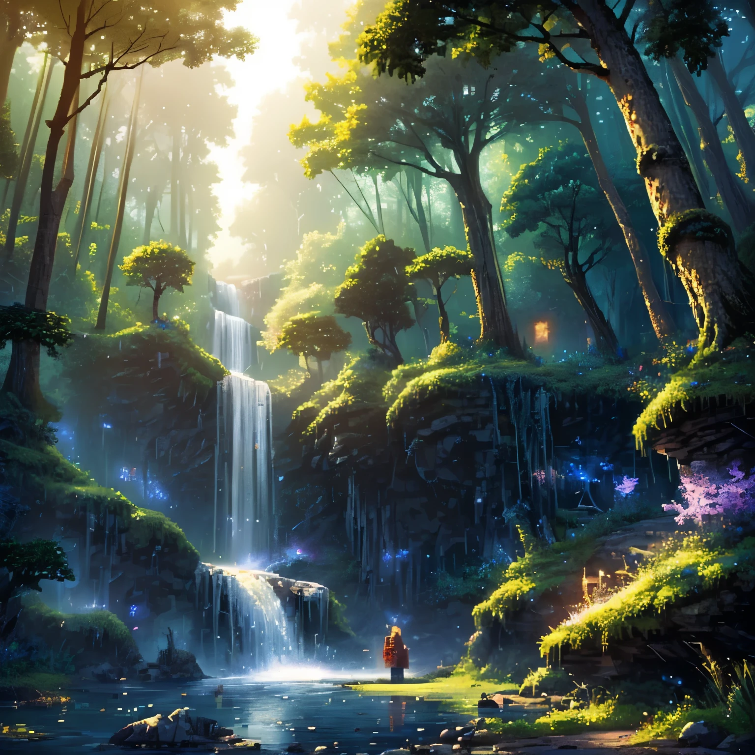 beautiful afternoon scene pixel art, 3D pixel art 4K wallpaper, Incredible pixel art detail, Pixel art, Detailed Unreal Engine pixel art, forest, fireflies, magic, only plants and magical beings