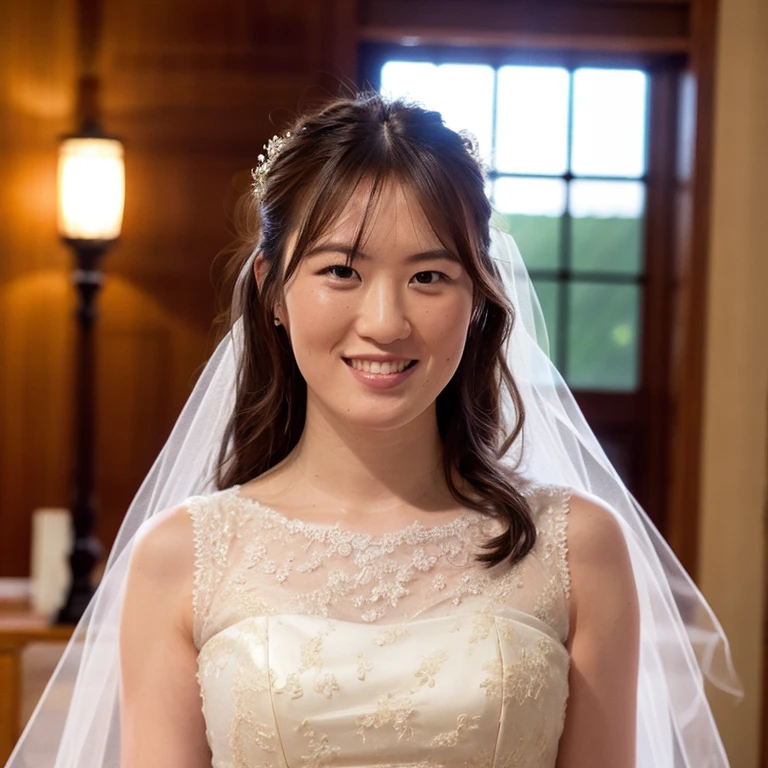 (highest quality,masterpiece:1.3,ultra high resolution),(Super detailed,caustics,8k),(photorealistic:1.4,RAW shooting),25 years old,Japanese,cute,Wedding dress,black long hair,smile and look down at the camera,big ,Are standing,inside the chapel,low position,Low - Angle,face focus,Natural light
