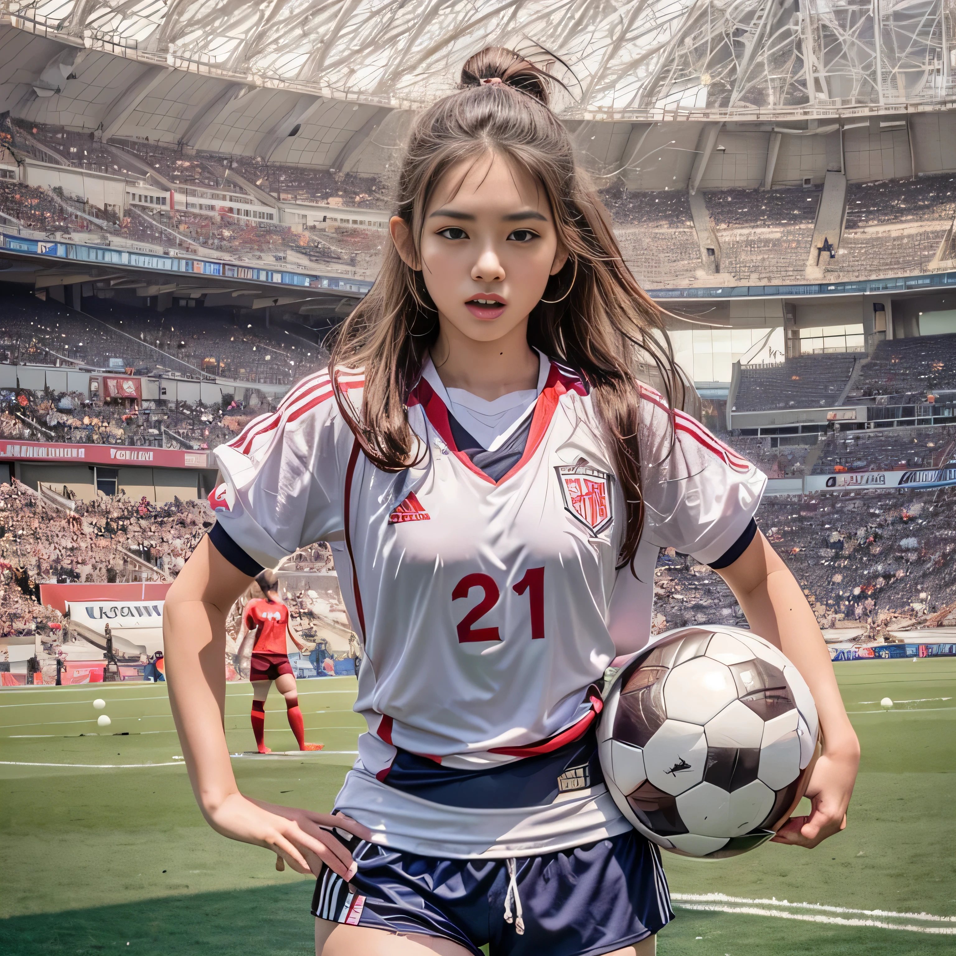 RAW image quality, (High resolution, highest quality, table top:1.4), (15 year old girl :1.3), sparkling skin, narrow waist, Large chest teeth above the skin, (A woman in light soccer clothing:1.3), soccer uniform, short shorts, sweat a lot, (Above the football stadium:1.2), (Her panties are visible under her shorts:1.2), tight clothes, pointed nipples, pubic hair, angry look, blush, beautiful background, (Only one ball:1.4), (Soccer ball with a diameter of 21 cm:1.4), Detailed CG image quality, biologically correct,