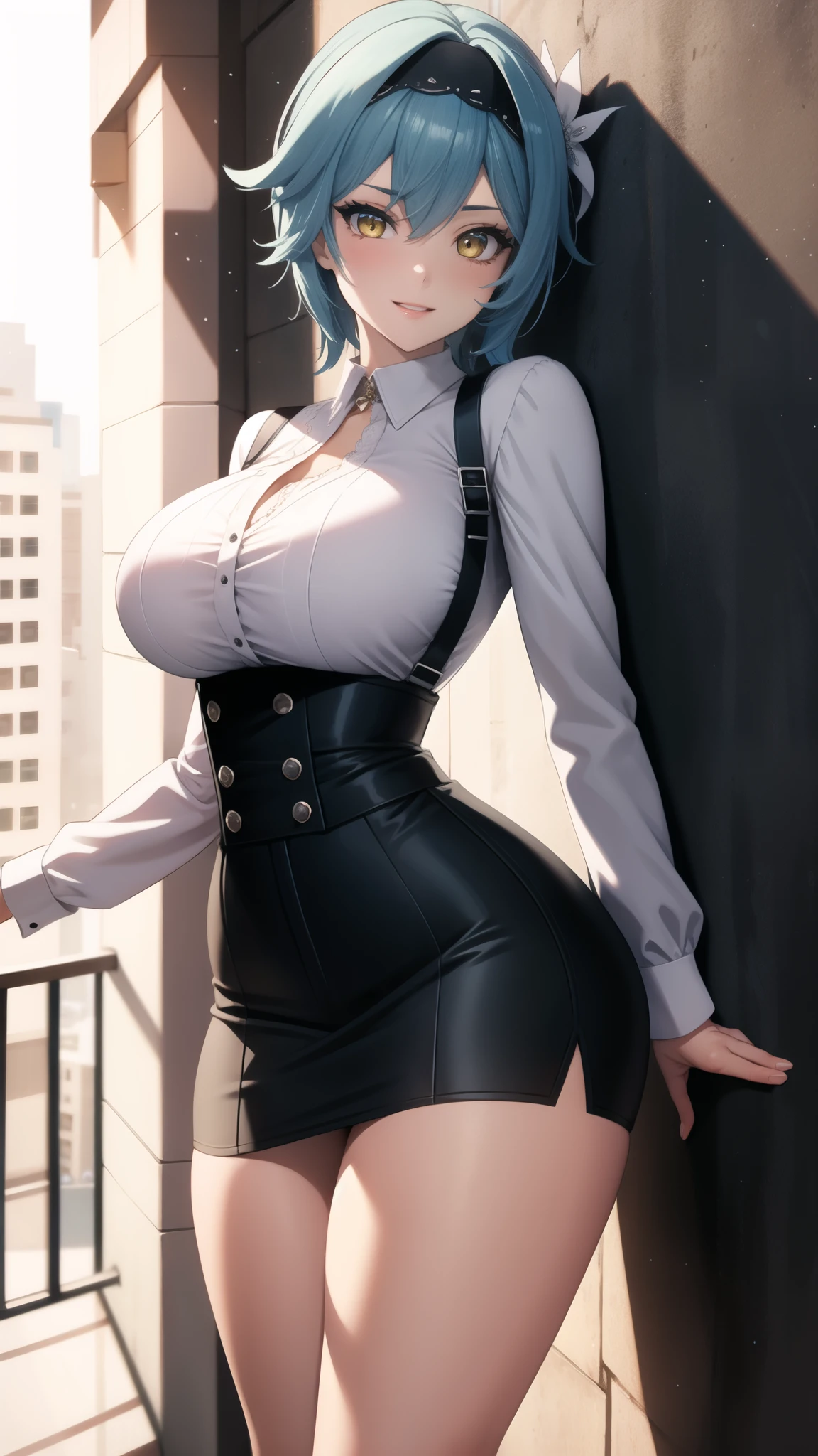 absurdres, highres, highly detailed, (official art, beautiful and aesthetic:1.2), ultra detail, beautiful face, ((mature female)), 1women, Eula, black hairband, blue hair, hair ornament, hairband, short hair, yellow eyes, blushing, loving smile, wide hips, thicc thighs, cleavage, ((long sleeve blouse)) with ((high waist skirt)), suspenders, black stockings, ((seductive pose)), (apartment balcony), dynamic lighting, dynamic shadows, ((proportional body)), ((leaning against the wall))