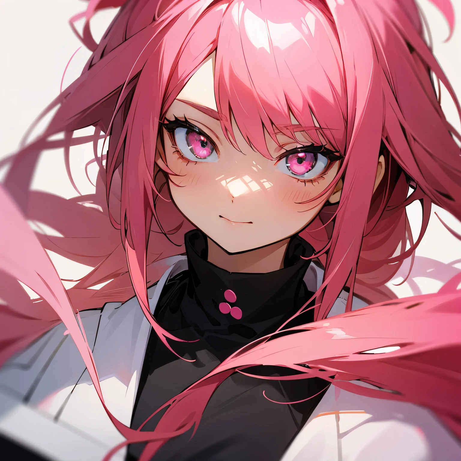 Woman with pink and red hair and black clothes, cute face, White eyes, 4k manga wallpaper, anime girl, 