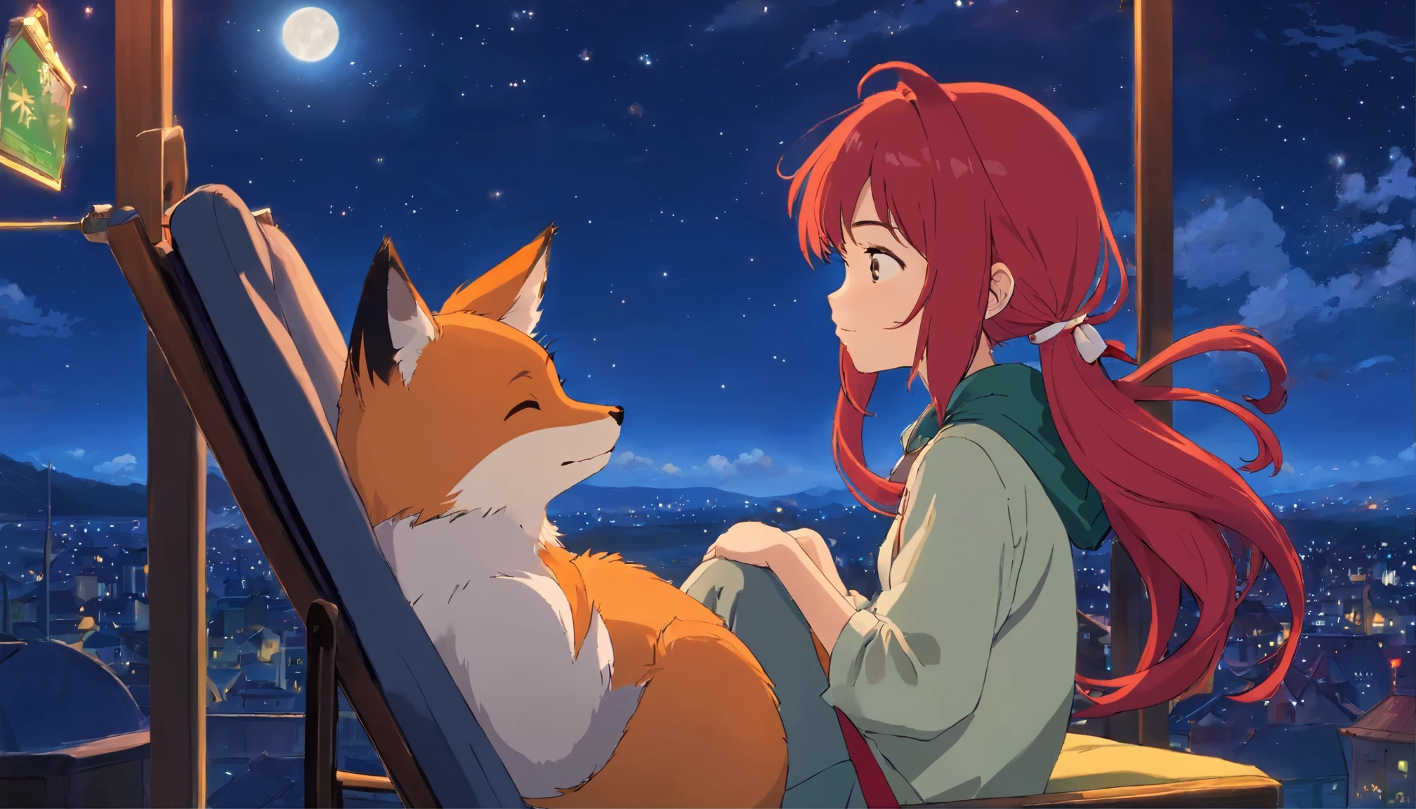 City pop culture of the 1990s。Ghibli anime characters。night sky。Red hair。Headphones and twin tails。relaxing and resting in the chair。profile。eyes closed。pretty girl。Cute pet fox。relaxing and resting in the chair。eyes closed。