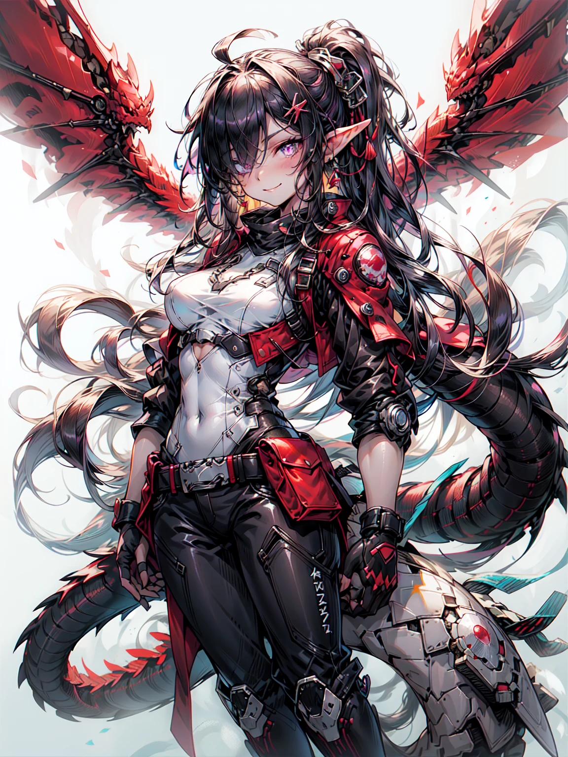 dragon ears, Mecha, mechanical, dragon wings, dragon tail, dragon horn,, ultra become familiar with, masterpiece, highest quality, beautiful, become familiar with,, alone, smug face, 1 girl, purple eyes, (black hair, red color tip:1.2), Red striped hair, とてもlong hair, side ponytail, tied hair, medium breasts,, Dataset, shoulderにかけたジャケット, coat from above&#39;shoulder, red dress, sleeves rolled up, fingerless gloves, holster, belt, multiple belts, combat boots, bulletproof vest, pants, black coat, tactical wear, break、（dark elf), (1 girl), alone, 優しいsmile、perfect face, get used to it, Ahoge, ((long hair:1.2)), (hair above one eye:1.3), [[messy hair]], Shiny blonde white hair, purple eyes, multicolored eyes, 色ful hair, shining eyes, (eyelash, eye shadow, pink eye shadow), bright, smile, design art by Mikimoto Haruhiko, by Kawashi, By Yoshitaka Amano, （black skin）