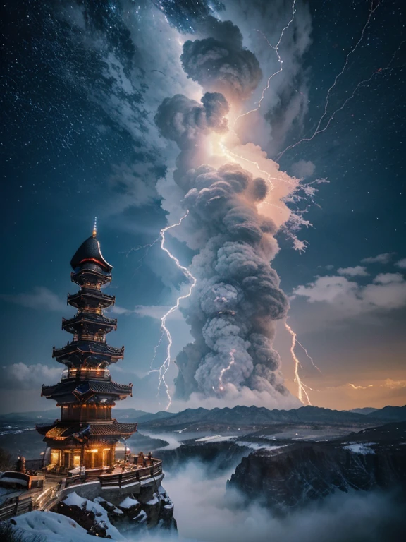 Impressive portrait of mountain a gracefully in the sky fire. was composed of fine white clouds, fine flames, and sparkling dark blue lightning. The backdrop is a tall pagoda building and the bloodmoon , its body is a swirl of dark blue clouds, fire, and lightning, creating a feeling of movement and power. shows a wide open dark sky with scattered clouds, efect fire and light blue giving the impression of endless freedom and adventure, 4k, high resolution, cinematography.