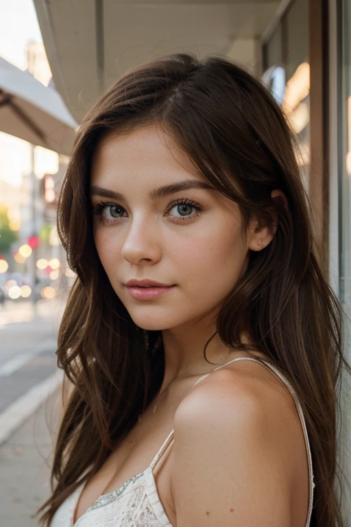 create to me a picture of a beautiful girl, brunette, and with hazel green eyes