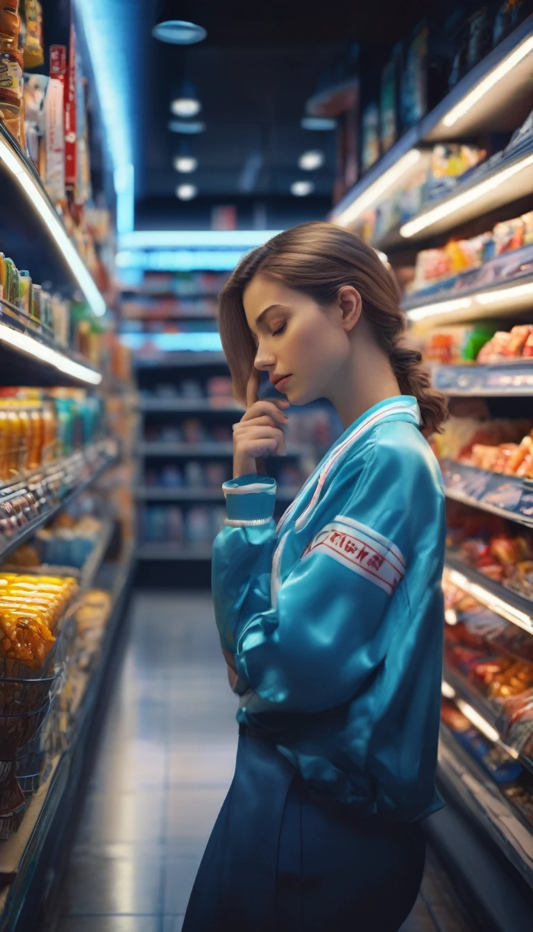 best quality,4k,highres,masterpiece:1.2,ultra-detailed,realistic, medium close up portrait, midnight convenience store, sleeping tired young woman cashier, her head resting on her hand,t ired face, snoozing, lighting:soft rays from the ceiling lights,illuminating the area around the cashier,subtle shadows cast by the shelves,glowing neon signs,cold blue tint,creating a serene atmosphere