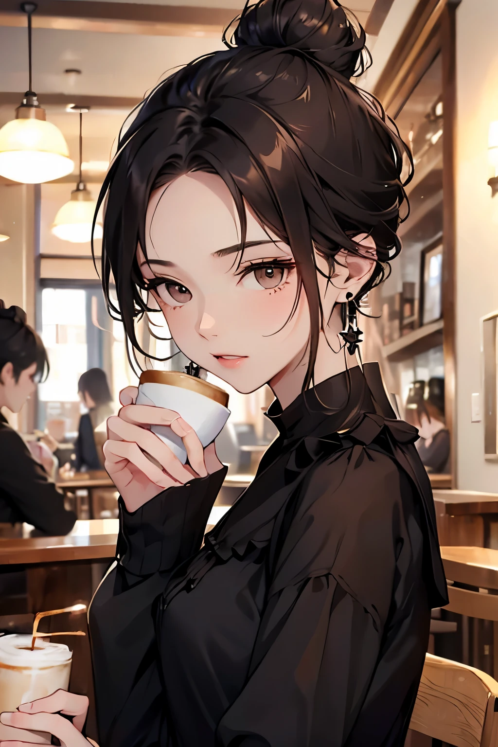 best quality, highres,Slender、brown eyes、tall、black hair、（forehead:1.3)、(semi-long:1.3),bun hair、(Cafe:1.4)、No sleeve、(black blouse:1.3)、cardigan、earrings
